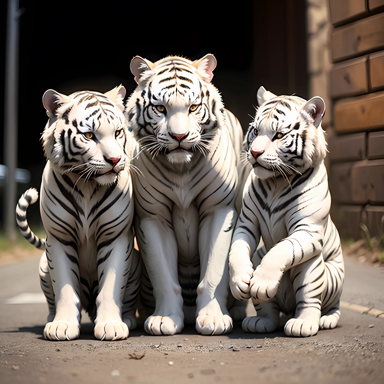 Three small white tigers crouched on the ground --auto