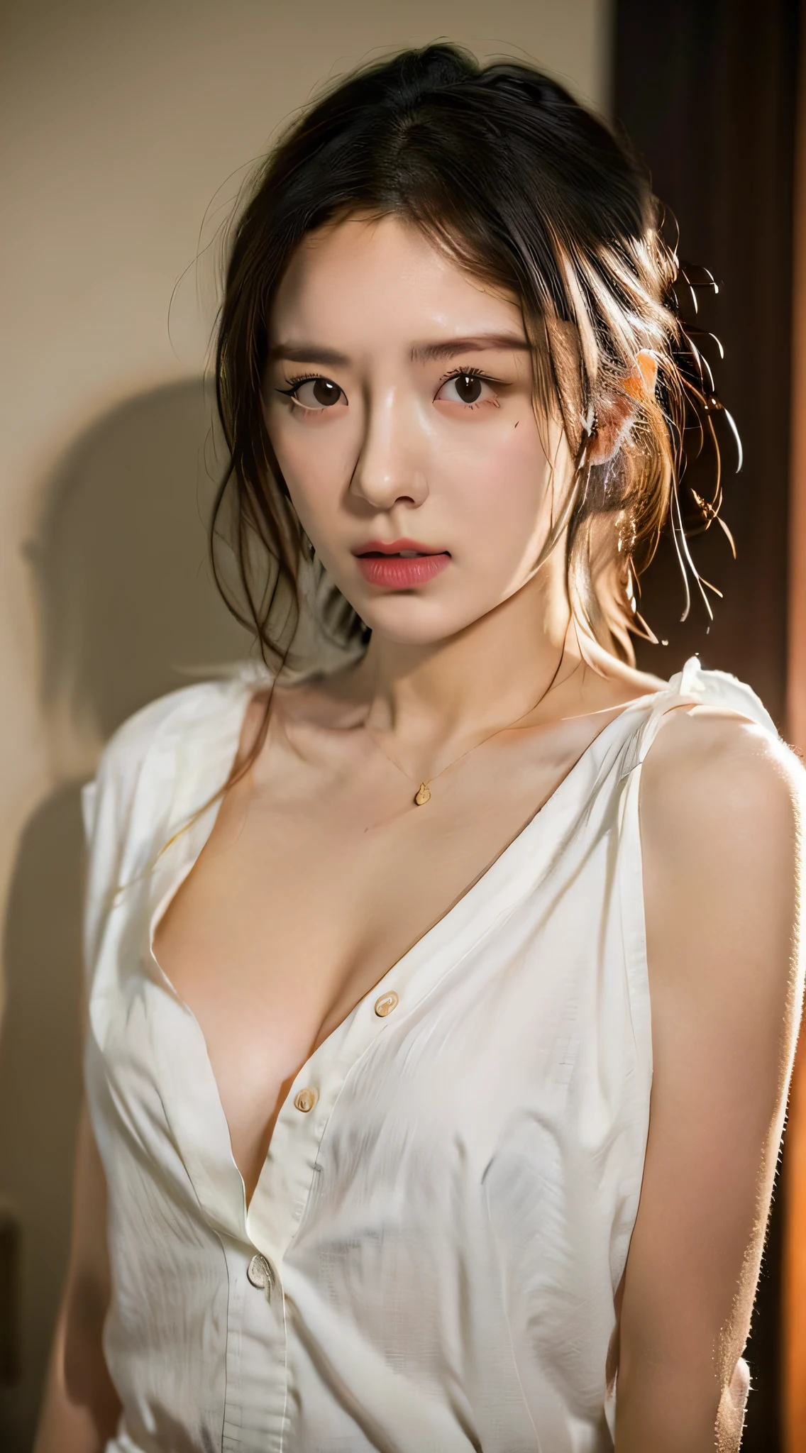 (8k, best quality, masterpiece:1.2), (realistic, photo-realistic:1.37), ultra-detailed, A beautiful woman, gentle and lovely, delicate collarbone, double eyelids, square chin, light white shirt, unbuttoned, transparent breast patch, bathroom