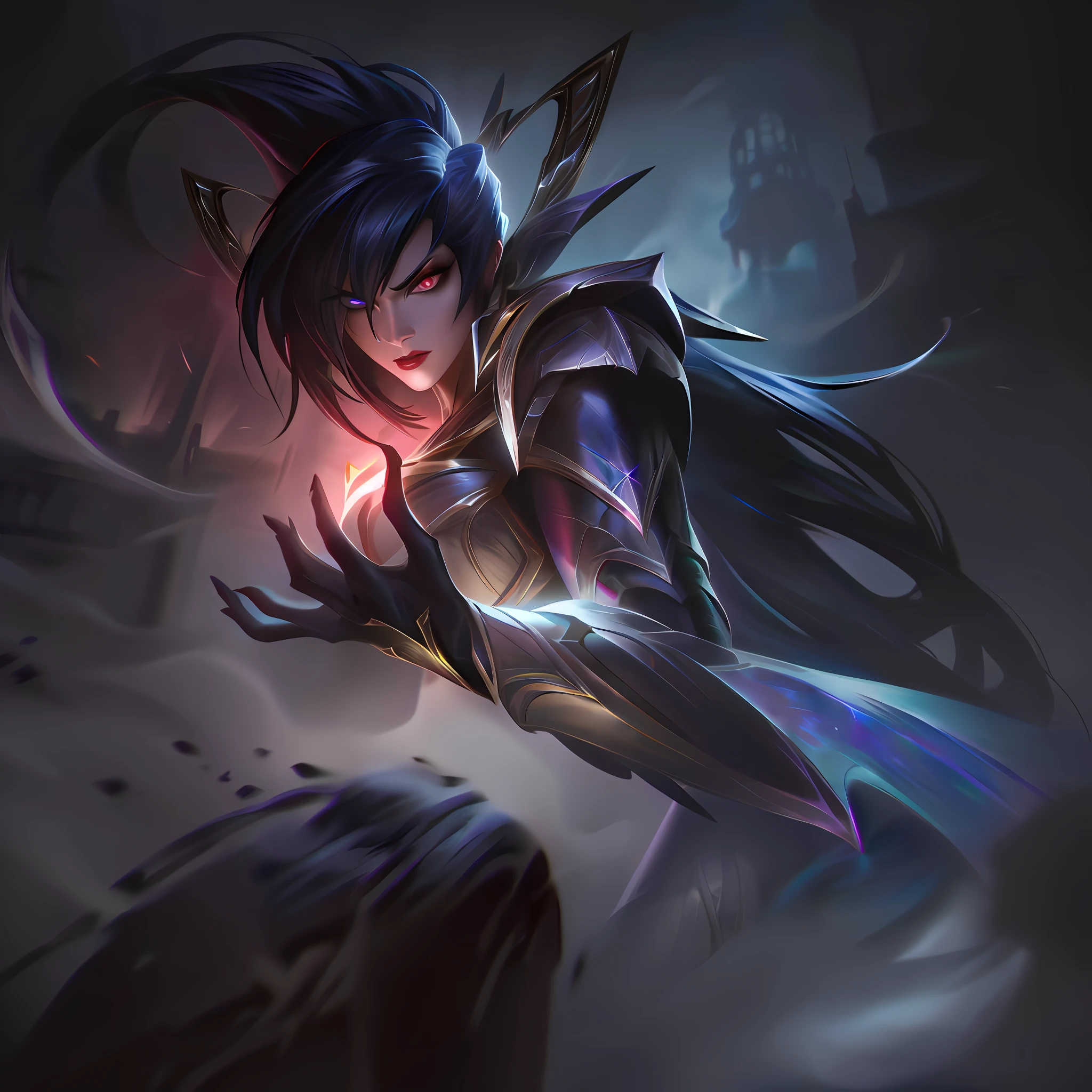 (masterpiece, ultra detailed)), concept art, illustration, digital art, 1girl, alone, standing, pale young woman surrounded by black smoke with ash ((angry face)) hidden in gothic cathedral, ( (very long hair, black hair)),((red iris and pupil)), knight, silver black knight armor, ((incredibly beautiful)), beautiful eyes, dynamic pose, ready battle posture, elegant pose, red ash, volumetric smoke black dense dark theme, black smoke with ash, dark theme, hdr, bloom, bright, dimming lighting, backlight, cinematic lighting, soft lighting, natural lighting, dramatic lighting, dark lighting, (ornate), intricate, highly detailed, hyper-realistic, trend in artstation, award-winning, fascinating, elegant, RAW photo, absurd, highres, 4k, studio quality, octane, 8k uhd, League of Legends close-up, Splash art, ja, Ionia, Noxian armorAnime - Style illustrations of a warrior holding a shining torch, Taliyah, Zenra Taliyah, Ahri, Irelia, Youthful Taliyah, Portrait of Ahri, LeBlanc, from League of Legends, Akali, Iconic Character Splash Art, Katerina, Riot Games Concept Art, Extremely Detailed Artgerm, League of Legends Concept Art