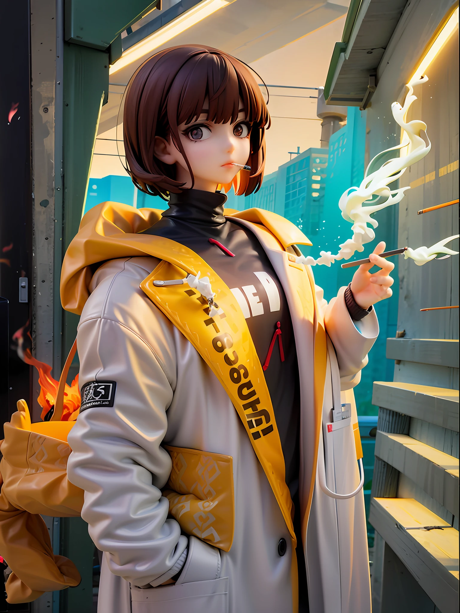 girl, brown hair, brown eyes, beautiful eyes, short cut, bob hair, bangs flowing sideways, sagging eyes, easy face, smoking cigarette, calm face, black turtleneck sweater, doctor's lab coat, upper body,