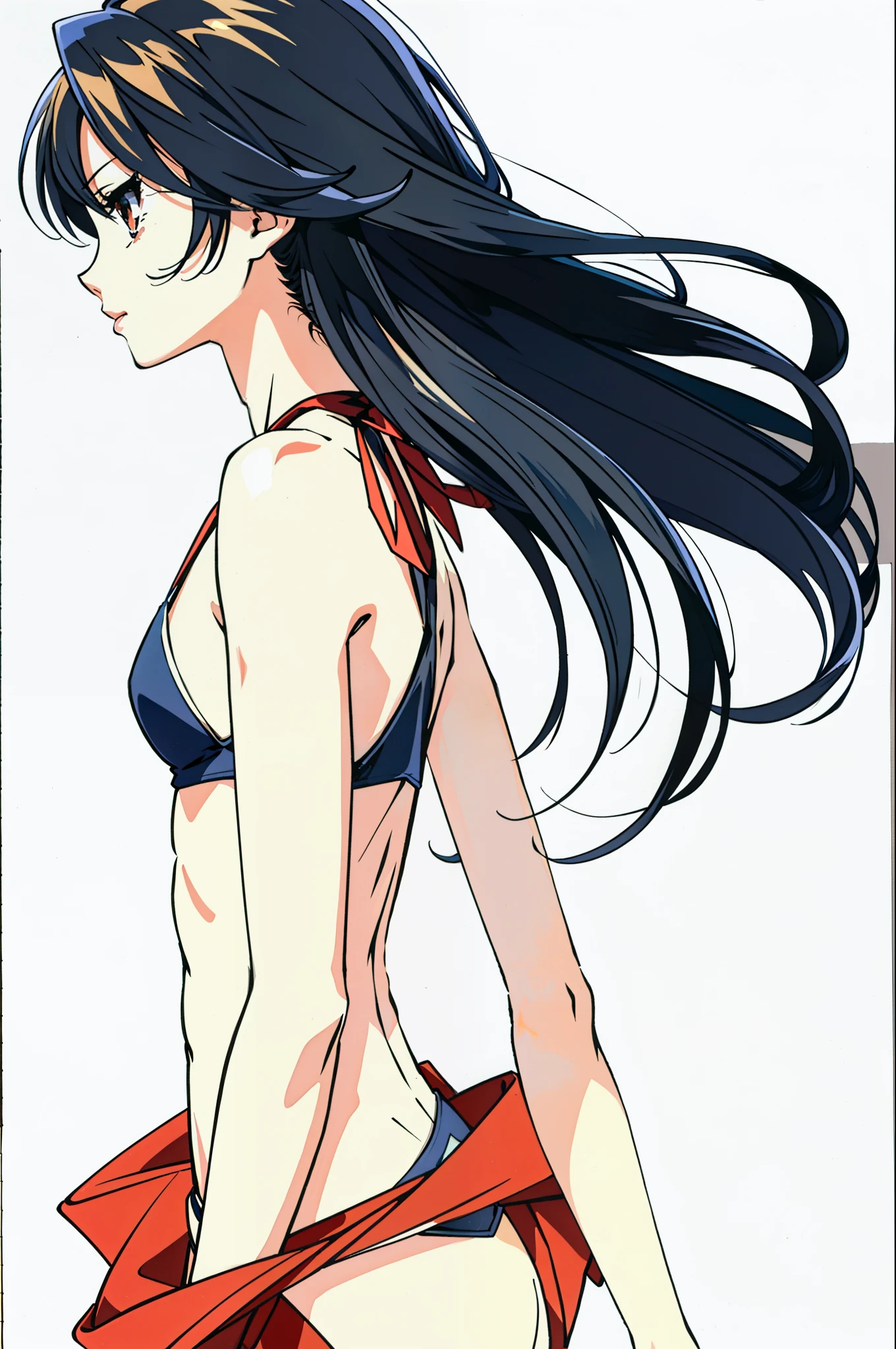 full body portrait photo, beautiful anorexic Asuka Langley, very skinny in bikini, visible bones and ribs, small flat breasts, very small waist, slender legs, beautiful face, very skinny anime girl profile, white background.