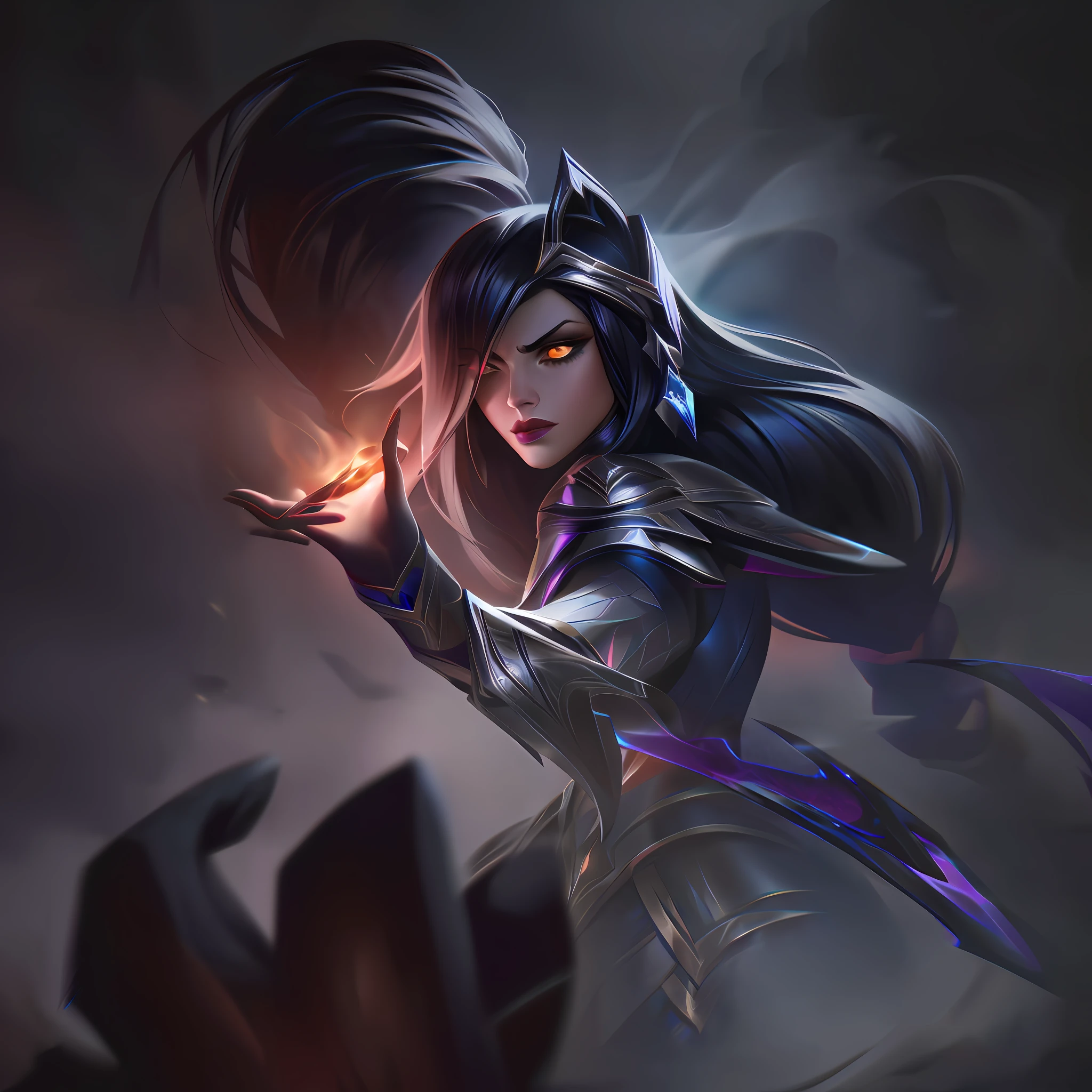 (masterpiece, ultra detailed)), concept art, illustration, digital art, 1girl, alone, standing, pale young woman surrounded by black smoke with ash ((angry face)) hidden in gothic cathedral, ( (very long hair, black hair)),((red iris and pupil)), knight, silver black knight armor, ((incredibly beautiful)), beautiful eyes, dynamic pose, ready battle posture, elegant pose, red ash, volumetric smoke black dense dark theme, black smoke with ash, dark theme, hdr, bloom, bright, dimming lighting, backlight, cinematic lighting, soft lighting, natural lighting, dramatic lighting, dark lighting, (ornate), intricate, highly detailed, hyper-realistic, trend in artstation, award-winning, fascinating, elegant, RAW photo, absurd, highres, 4k, studio quality, octane, 8k uhd, League of Legends close-up, Splash art, ja, Ionia, Noxian armorAnime - Style illustrations of a warrior holding a shining torch, Taliyah, Zenra Taliyah, Ahri, Irelia, Youthful Taliyah, Portrait of Ahri, LeBlanc, from League of Legends, Akali, Iconic Character Splash Art, Katerina, Riot Games Concept Art, Extremely Detailed Artgerm, League of Legends Concept Art