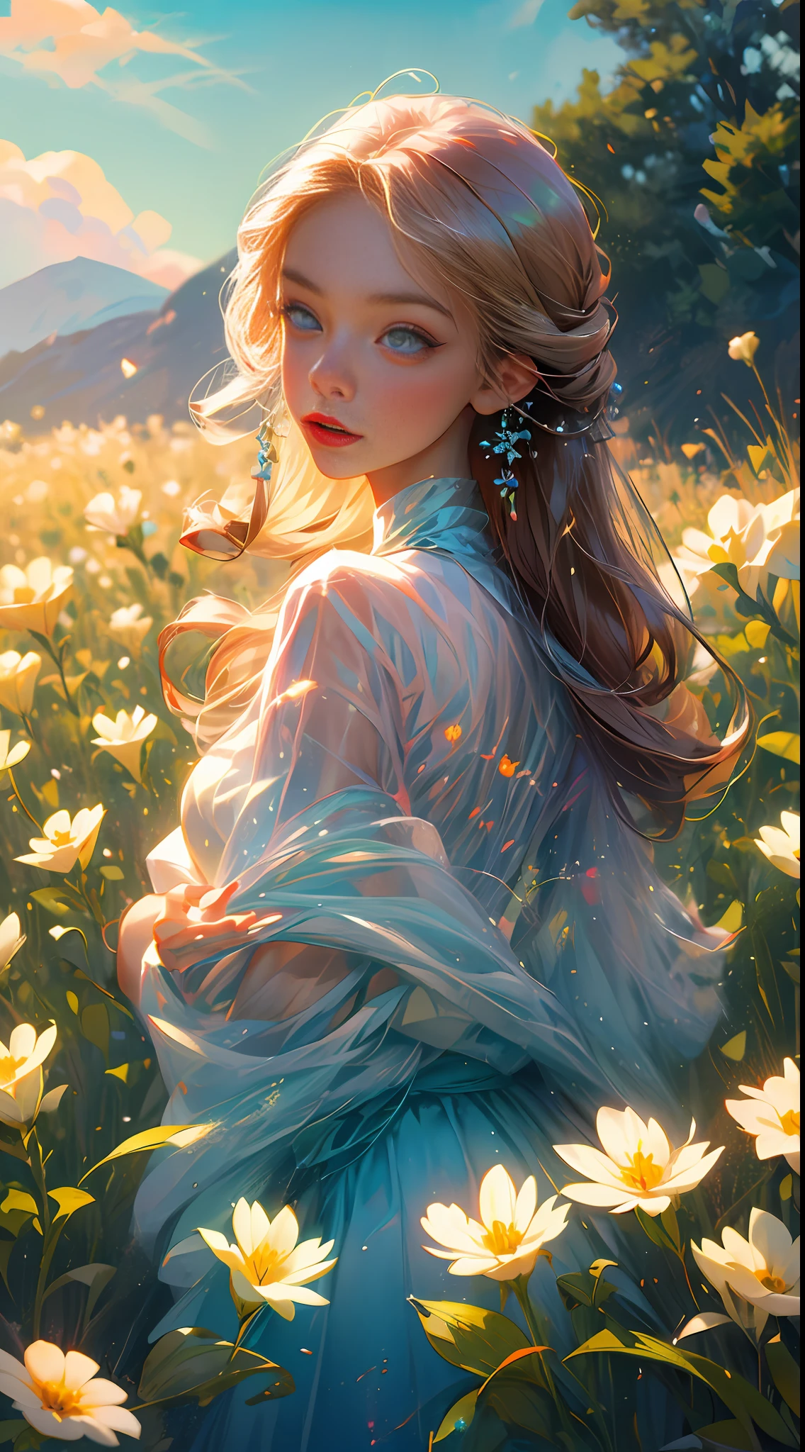 (best quality, masterpiece), 1girl, pose, particle, wind, flower, upper body, sky background, looking at the viewer, focus on the face, blonde, superior beauty, beautiful woman, celestial beauty, sunny weather, colorful flowers, spectacular scenery. --auto