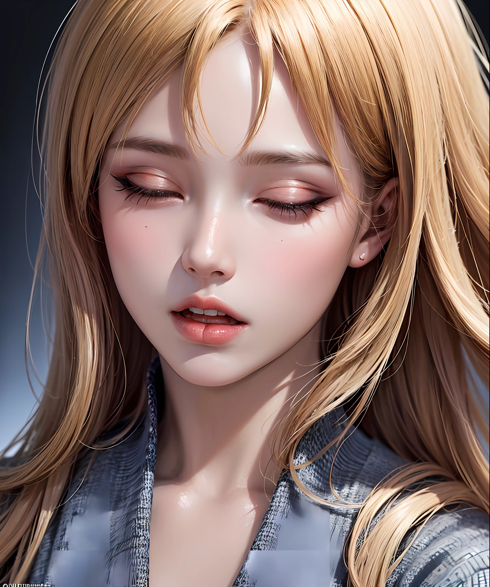 masterpiece, best quality, 8k, beautiful face, high depth skin, hyper detailed, ultra high res, photorealistic, high resolution, , lens flare, (Ombre hair: 1.8), (same makeup for both eyes: 1.5), perfect face, thin eyes, detailed lighting, detailed eyes, detailed skin, detailed shadows, thin skin, (open mouth: 1.02), (closed eyes: 0.9), no makeup, looking_at_viewer,
