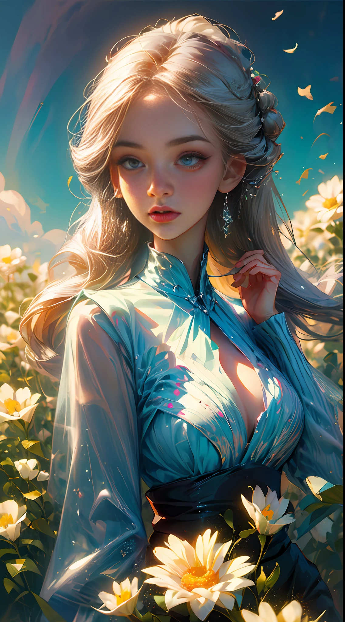 (best quality, masterpiece), 1girl, pose, particle, wind, flower, upper body, sky background, looking at the viewer, focus on the face, blonde, superior beauty, beautiful woman, celestial beauty, sunny weather, colorful flowers, spectacular scenery. --auto