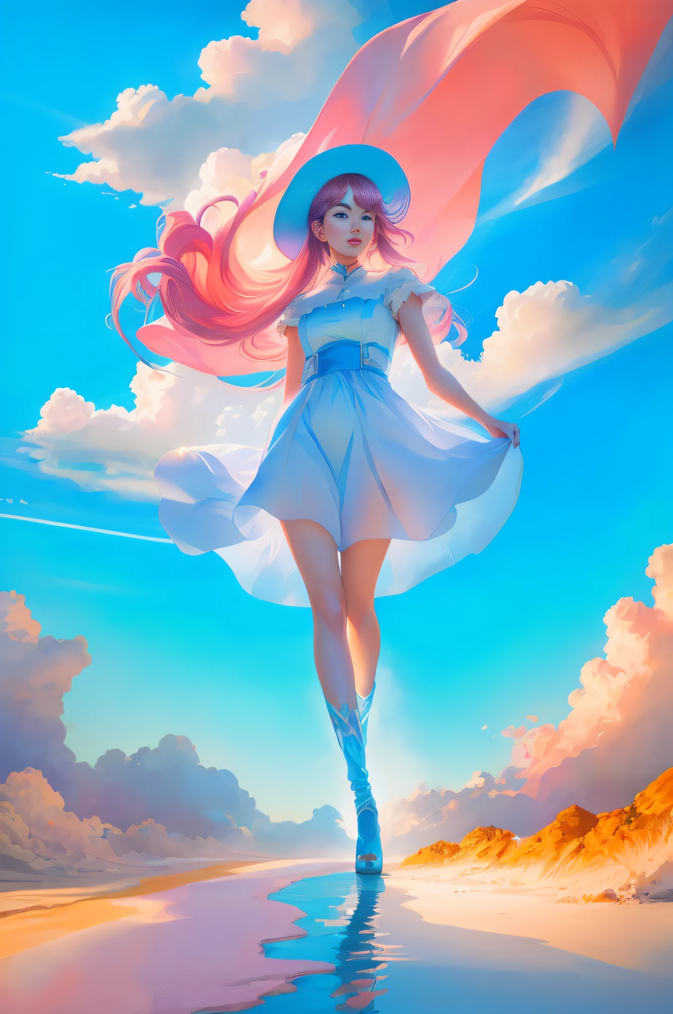 anime girl in a blue dress and hat walking on a beach, artwork in the style of guweiz, rhads and lois van baarle, in the style of ross tran, ross tran style, rossdraws pastel vibrant, deviantart artstation cgscosiety, artgerm and atey ghailan, ross tran 8 k, inspired by Ross Tran