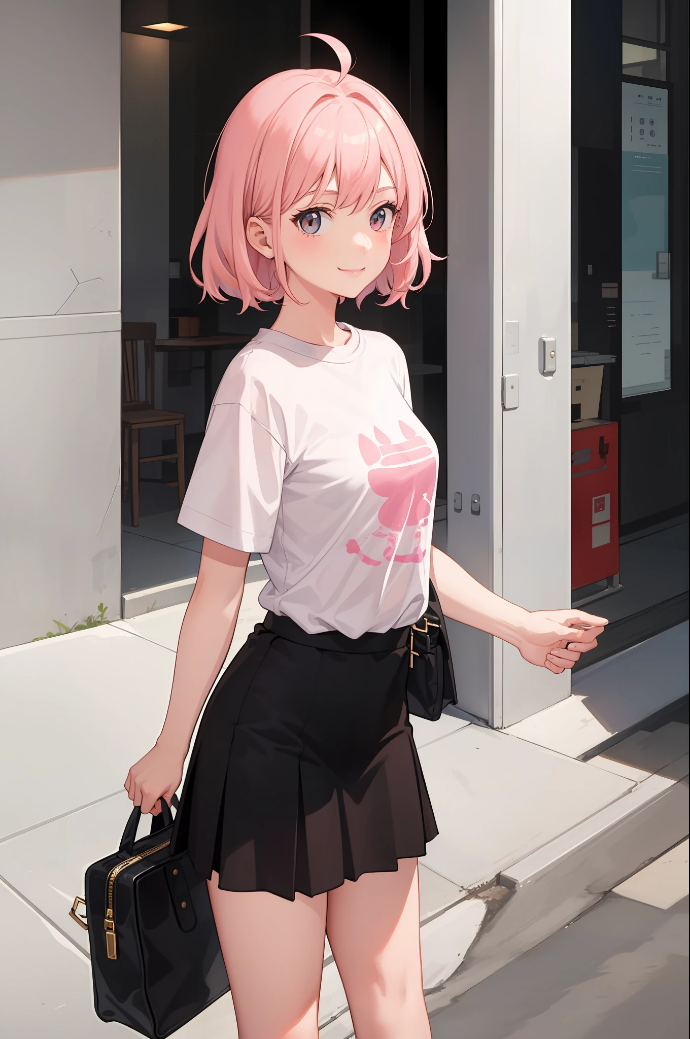 1 girl, smile, shirt, skirt, (small) chilarism, light pink hair,