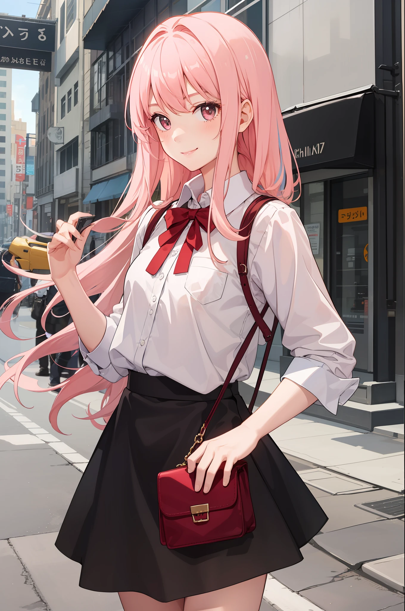 1 girl, smile, shirt, skirt, (small) chilarism, light pink hair,
