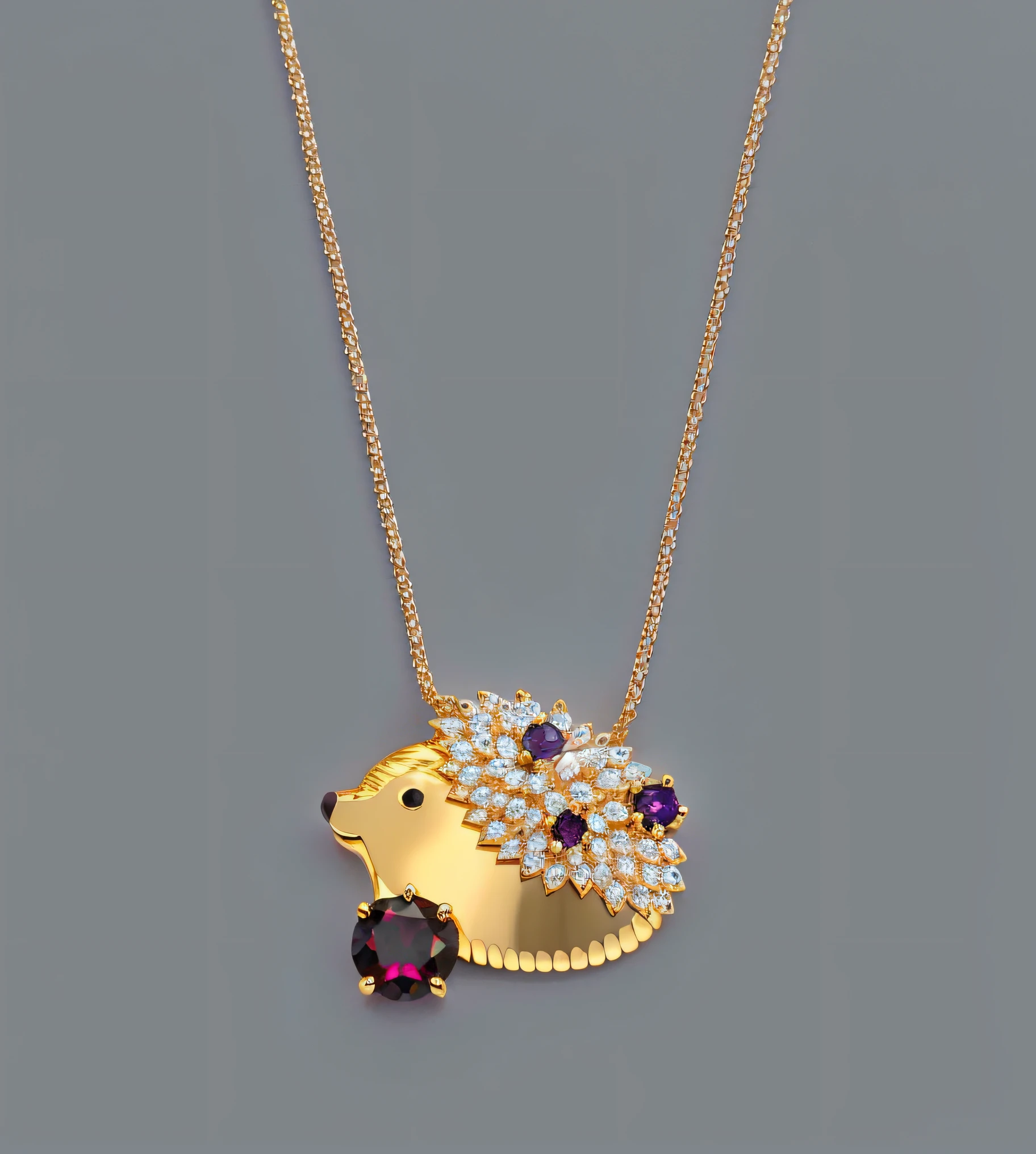 There is a necklace in the shape of a hedgehog, jewelry design, pendant, a whole piece of mother-of-pearl jewelry, 20k, necklace, set gemstones, gold jewelry, jewelry, with sparkling gemstones on top, H 576, Derek Zabroki, jewelry, 1 6 K, 16K, red jewelry, rendered