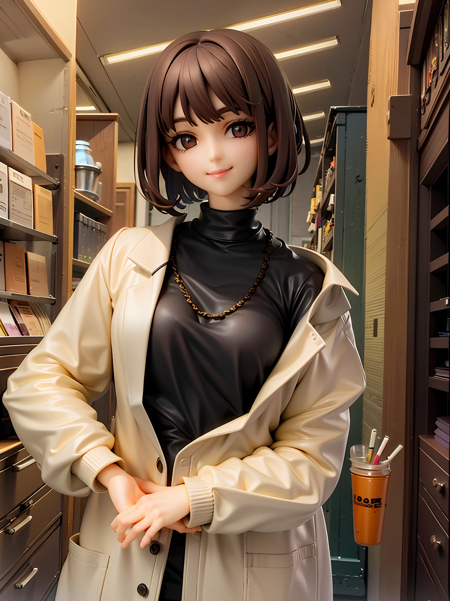 girl, brown hair, brown eyes, beautiful eyes, short cut, bob hair, bangs flowing sideways, sagging eyes, easy face, smoking cigarette, calm face, black turtleneck sweater, doctor's lab coat, upper body, gold necklace, smile