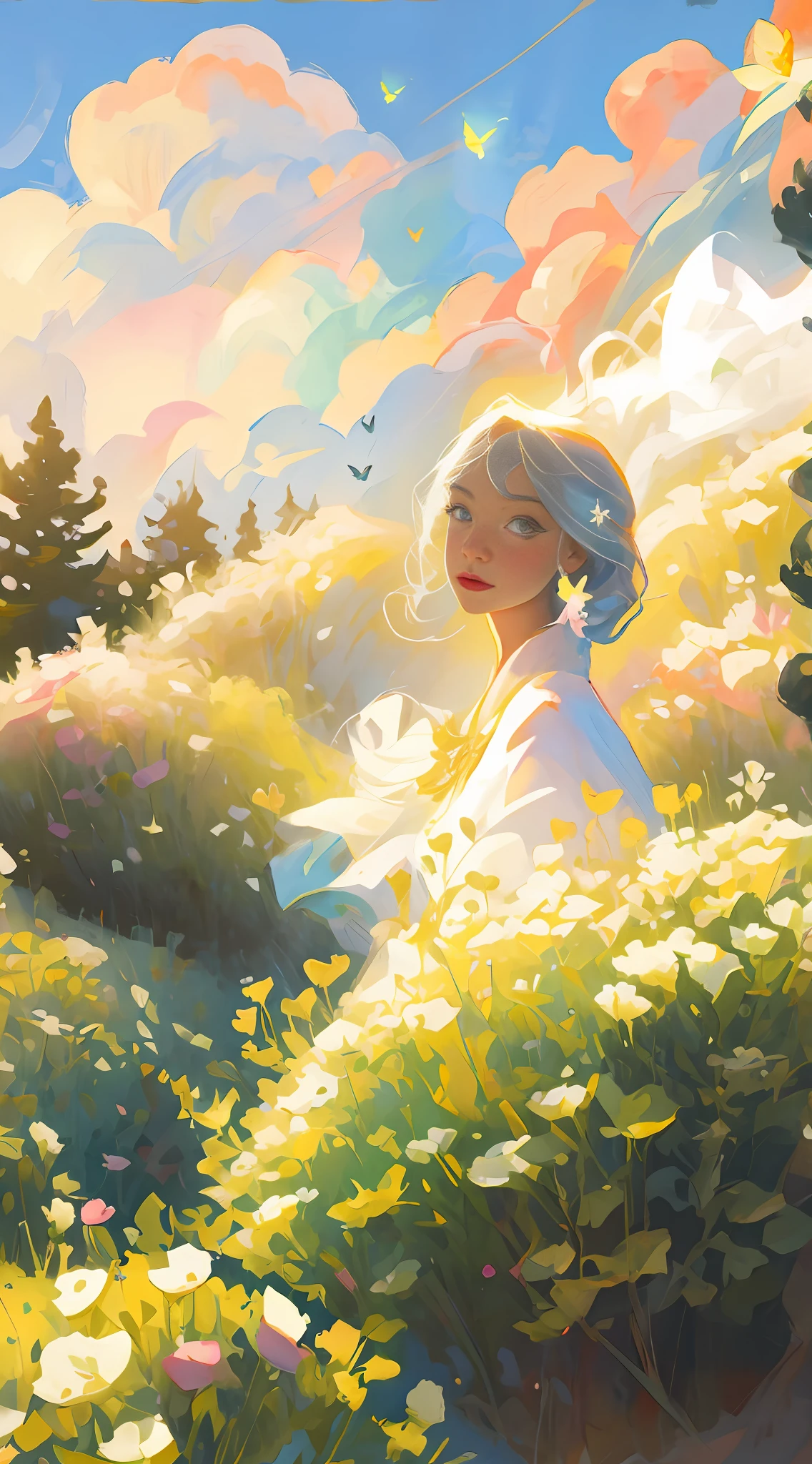 ration of a woman in a field of flowers A blue sky of clouds, beautiful illustration, beautiful painting, beautiful UHD 4K art, beautiful art, a beautiful art illustration, art in the style of Guweiz, beautiful painting, Atey Ghailan 8K, Artgerm and Atey Ghailan, girl in a field of flowers, (butties). (best quality, masterpiece), 1girl, pose, particle, wind, flower, upper body, sky background, looking at the viewer. --auto