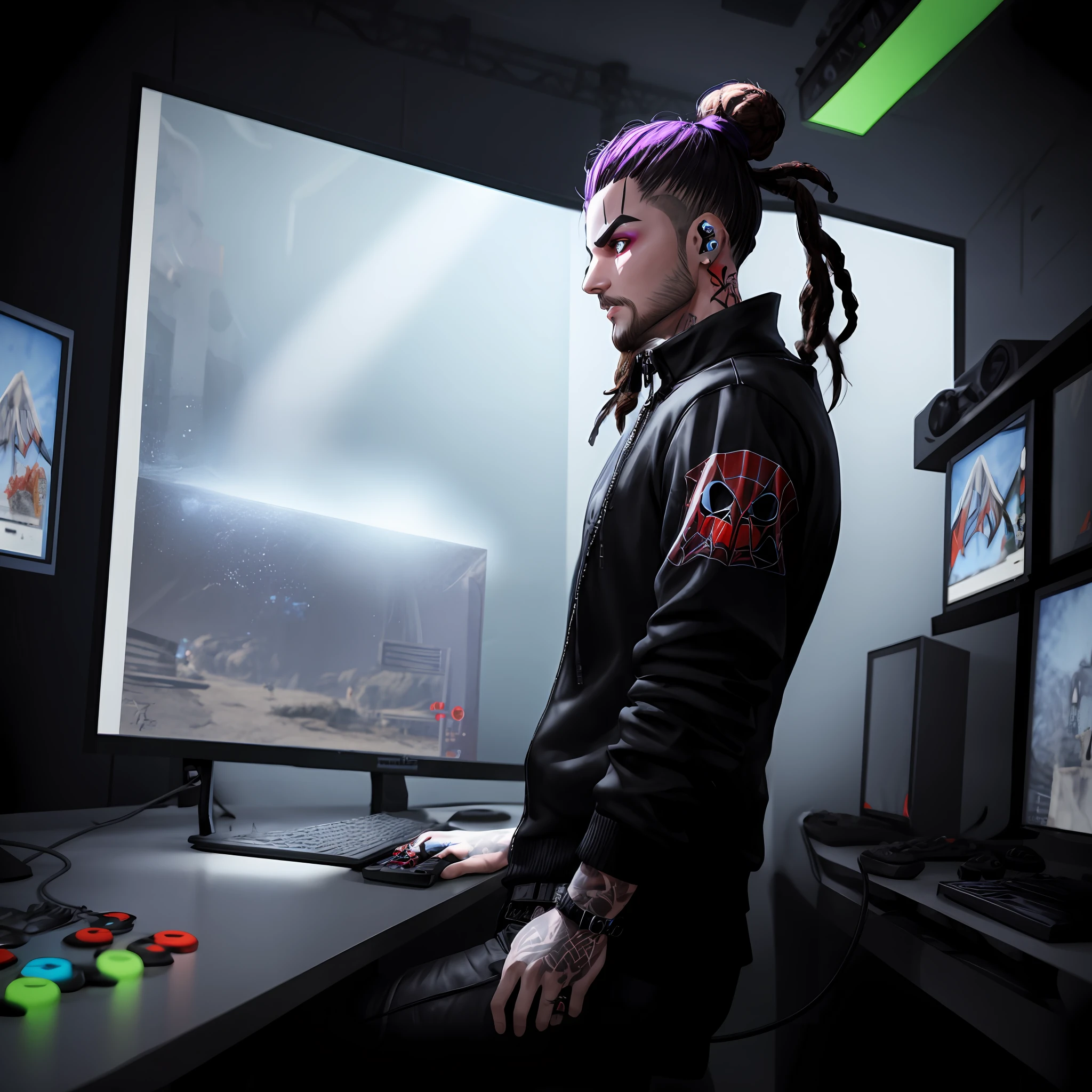 Punk with a spider neck tattoo, sporting black attire and manbun dreadlocks, recording a youtube video for his gaming channel, showcasing an animated futuristic aesthetic in 3-D, captured from a frontal profile."