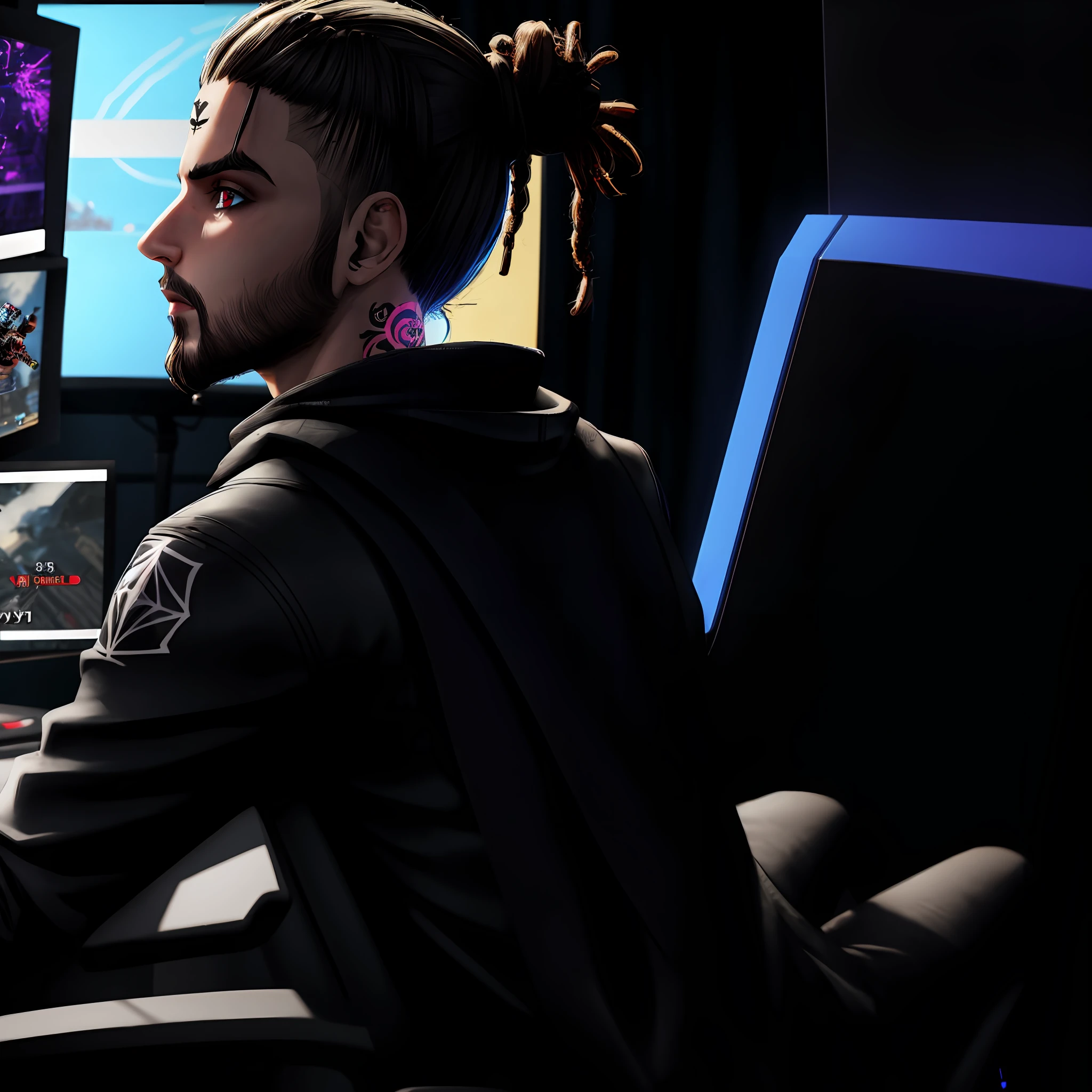 Punk with a spider neck tattoo, sporting black attire and manbun dreadlocks, recording a youtube video for his gaming channel, showcasing an animated futuristic aesthetic in 3-D, captured from a frontal profile."