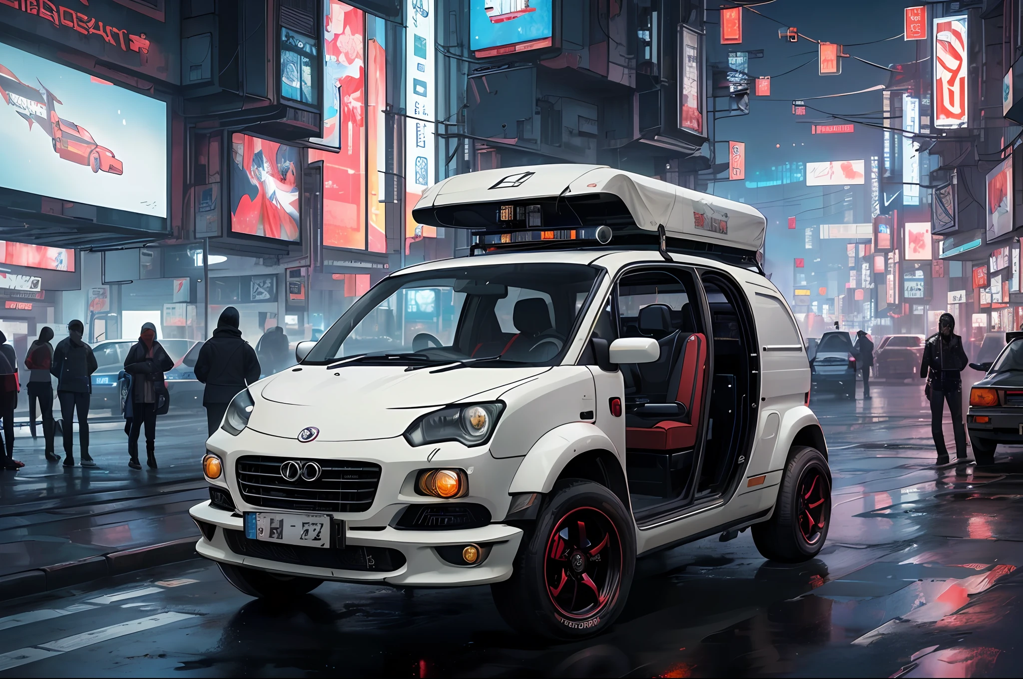 (at late night:1.3), , (detailed beautiful skin textures, detailed beautiful face, ultra detailed clothing textures), , (Cyberpunk:1.4), , (an ultra detailedfour-wheeled and long bonnet tuk-tuk with load on roof carrier and eear loading platform with luggage on it and letter-tyres), , (3/4 front view, The car is in the center of the frame), , (at parking area, at ultra detailed Night City of Cyberpunk), (All cars are classic cars with cyberpunk custumed), , (softlighting), , (masterpiece, best quality:1.4, 8k, ultra detailed, illustration, distinct_image, intricate_details, delicate illustration), (realistic:0.15),