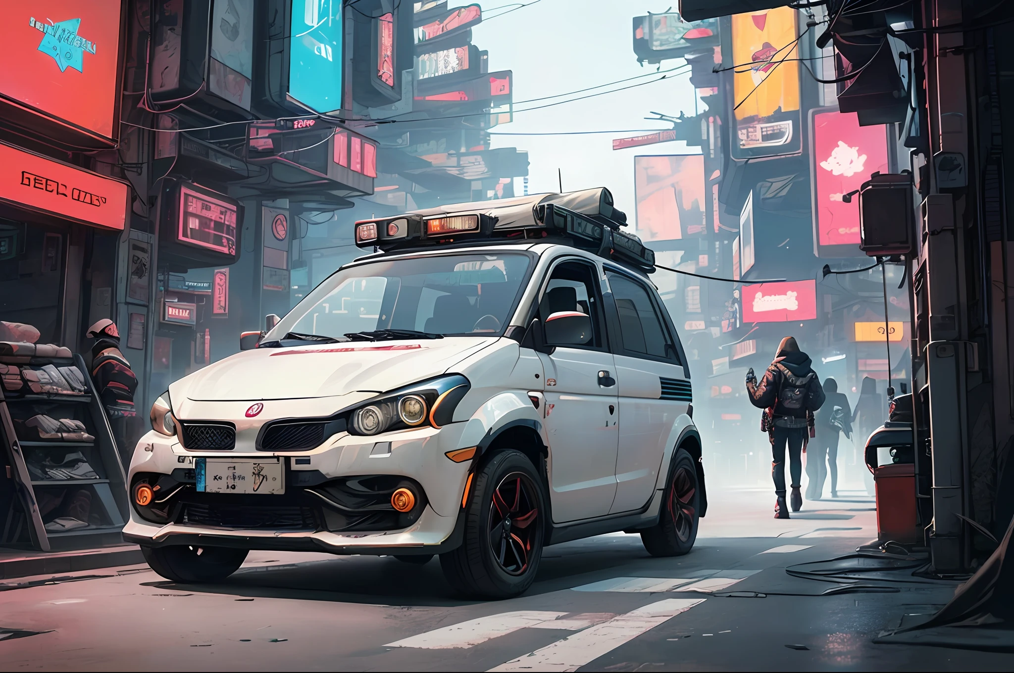 (at late night:1.3), , (detailed beautiful skin textures, detailed beautiful face, ultra detailed clothing textures), , (Cyberpunk:1.4), , (an ultra detailedfour-wheeled and long bonnet tuk-tuk with load on roof carrier and eear loading platform with luggage on it and letter-tyres), , (3/4 front view, The car is in the center of the frame), , (at parking area, at ultra detailed Night City of Cyberpunk), (All cars are classic cars with cyberpunk custumed), , (softlighting), , (masterpiece, best quality:1.4, 8k, ultra detailed, illustration, distinct_image, intricate_details, delicate illustration), (realistic:0.15),