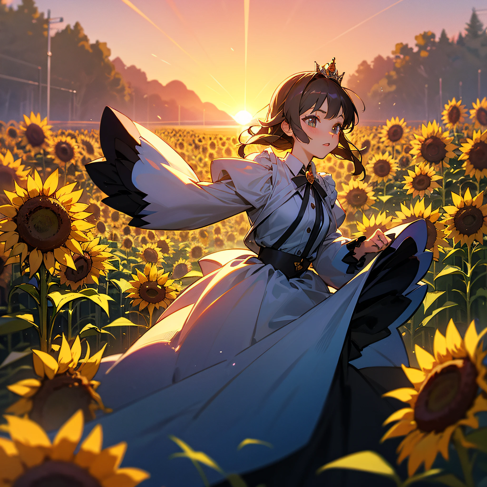 A maiden, sunset, running, sunflower, fairy tale, princess, lolita, illustration --auto