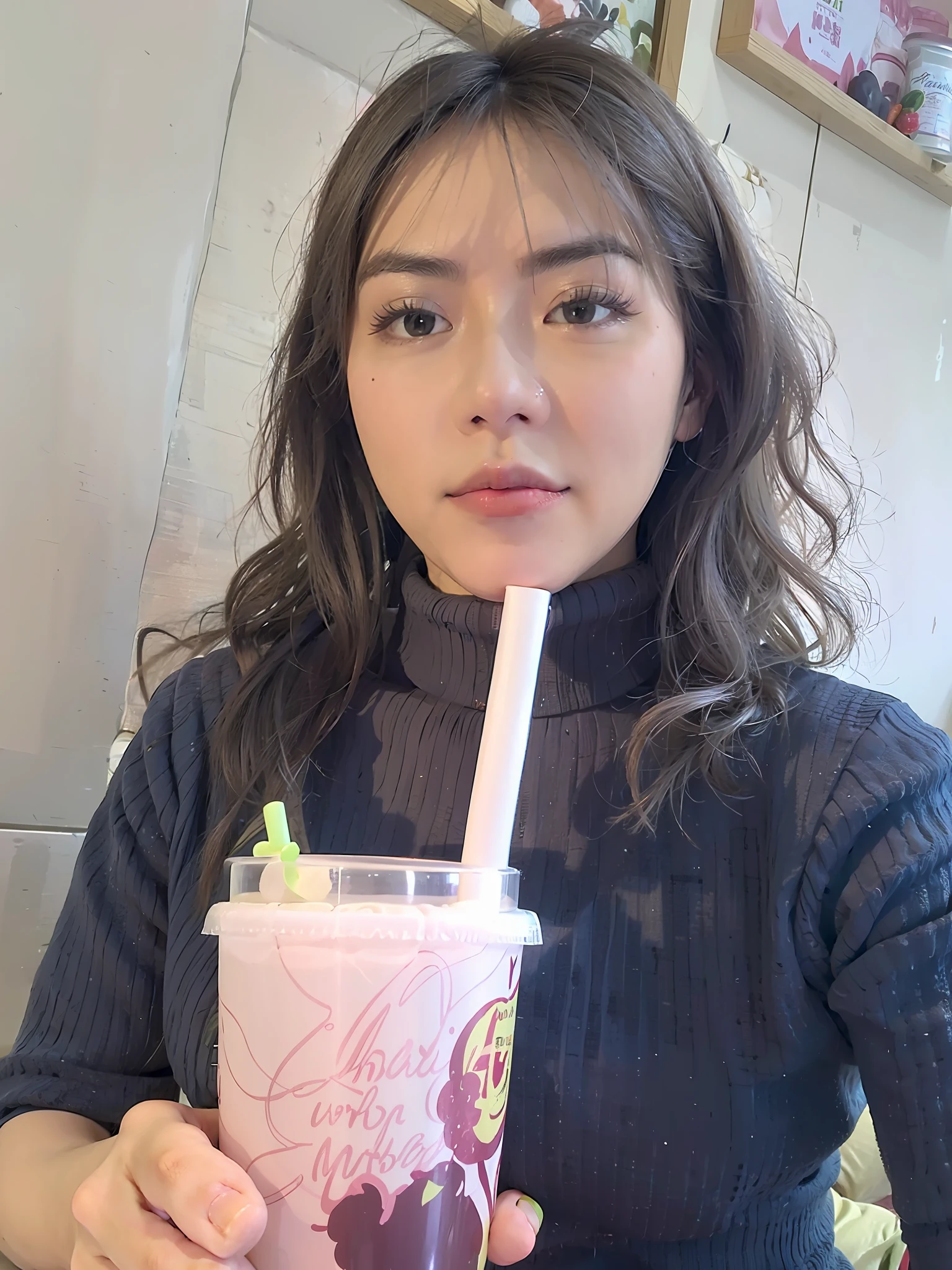 woman holding a pink cup with a straw and a straw in it, with a straw, drinking a strawberry iced latte, drinking boba tea, holding a boba milky oolong tea, mai anh tran, profile image, holding a drink, with a drink, profile picture, dang my linh, selfie photo, loputyn and matcha, drink, low quality photo