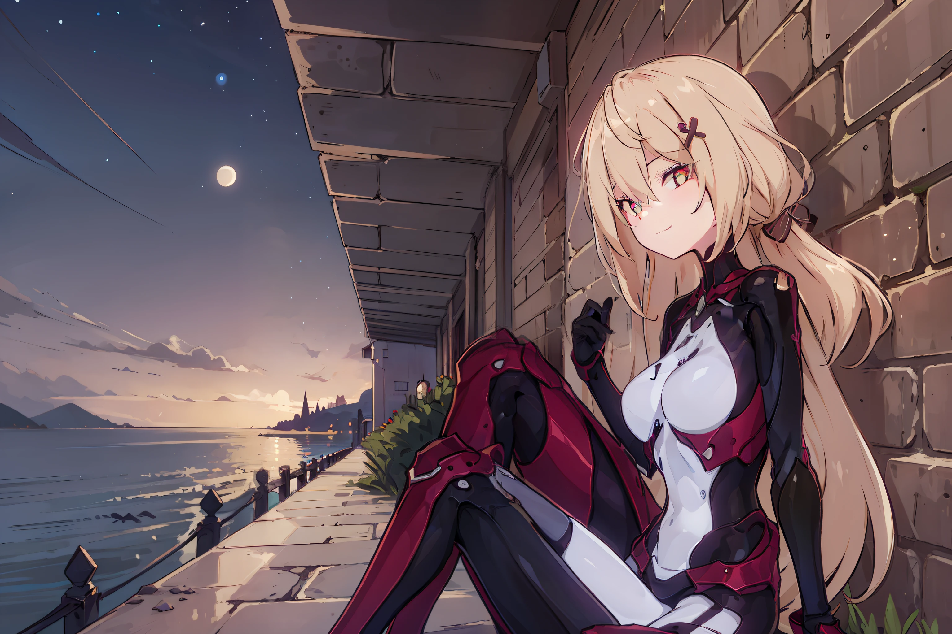 Women, Sitting leaning against the wall, good contrast, good lighintg, glowing clothes, eyes shadow, (eyes looks in the middle, delicate smiling), close up, On the sky island, Gazing at the night sky