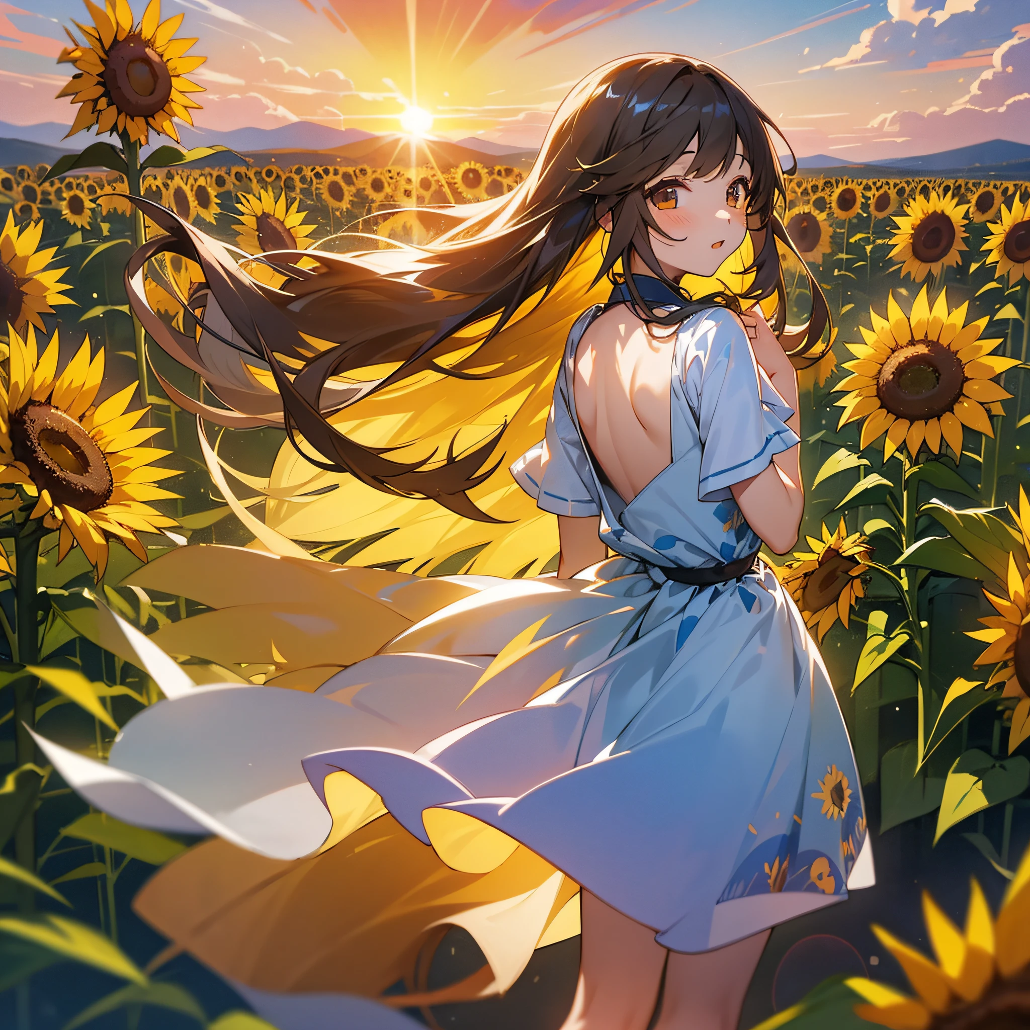 A maiden, sunset, running, sunflower, fairy tale, princess, lolita, illustration --auto