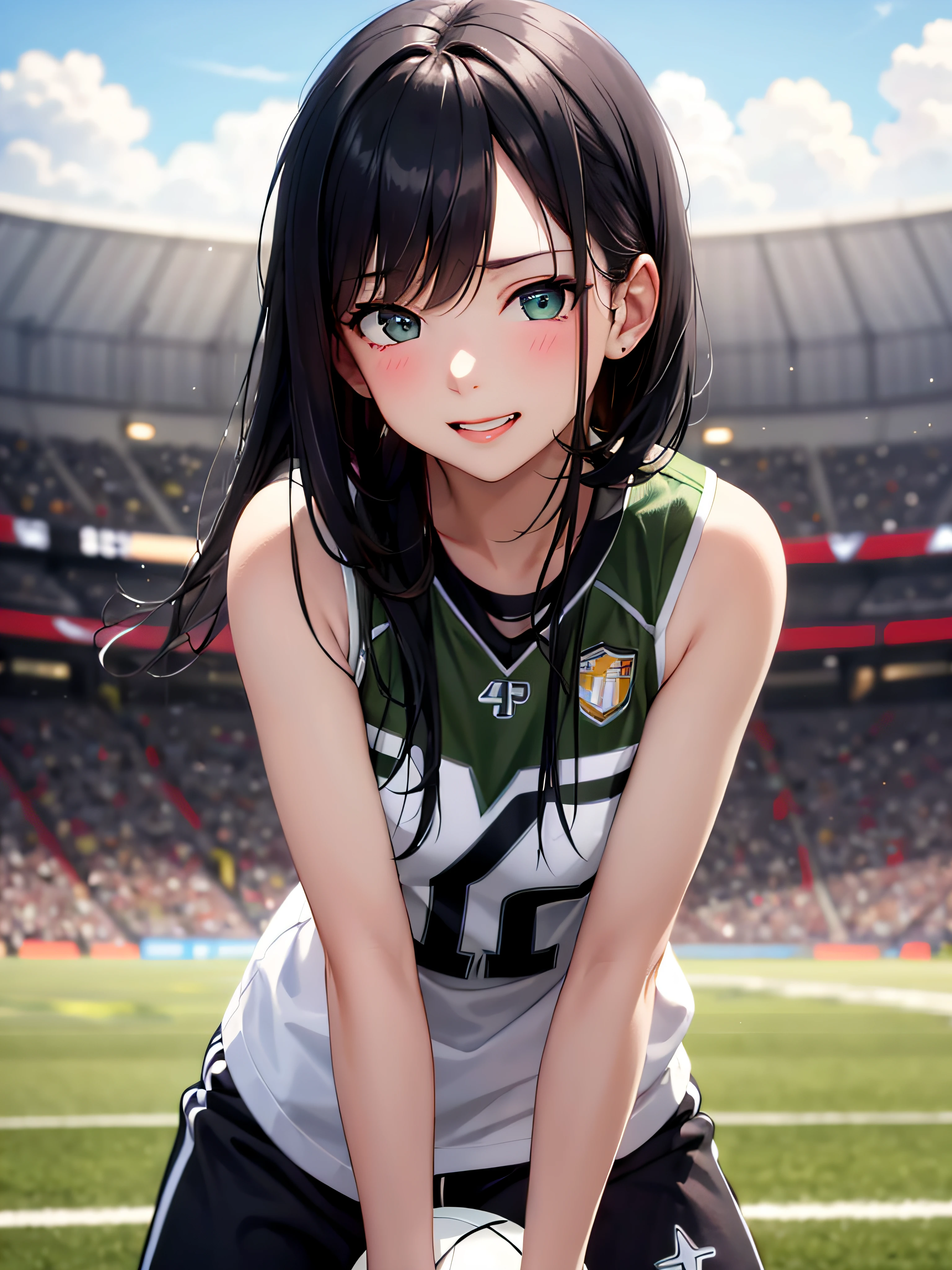 Masterpiece, best quality, fine details), 1 girl, solo, black hair, sports, background football field, sunshine, white clouds, sneer, sexy, bad laugh, army green clothes, fine details, photo shoot, perfect eyes, sneer, dynamic angle, auto depth of field, focus on the character