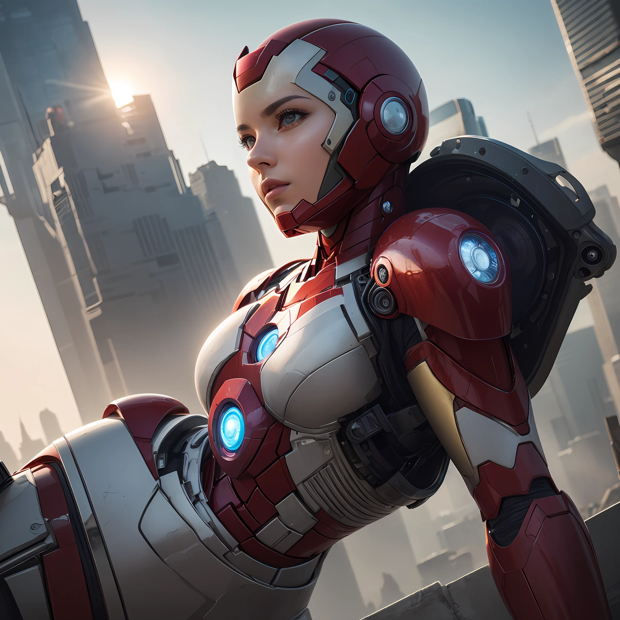 RAW, Masterpiece, Ultra Fine Photo,, Best Quality, Ultra High Resolution, Photorealistic, Sunlight, Full Body Portrait, Stunningly Beautiful,, Dynamic Poses, Delicate Face, Vibrant Eyes, (Side View) , she is wearing a futuristic Iron Man mech, very detailed background, detailed face, detailed busy background, messy, gorgeous, milky, high detailed skin, realistic skin details, visible pores, sharp focus, volume Fog, 8k uhd, dslr, high quality, film grain, fair skin, photorealism, lomography, sprawling metropolis in a futuristic dystopia, view from below, translucent --auto