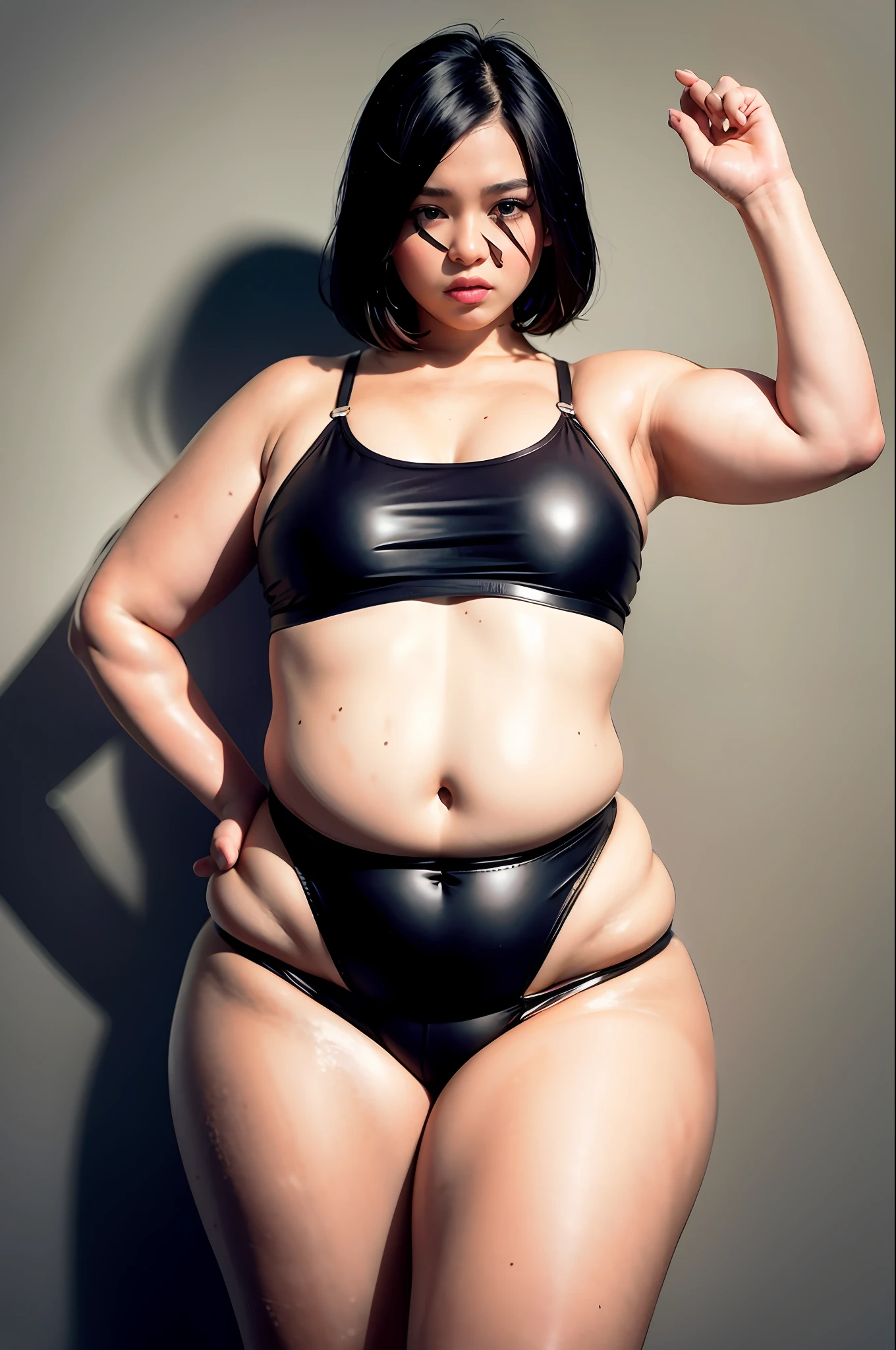 Best quality, masterpiece, girl, black hair, short hair, black eyes, shiny skin, big, chubby belly, plump thighs, see-through swimsuit, garter belt, both armpits show