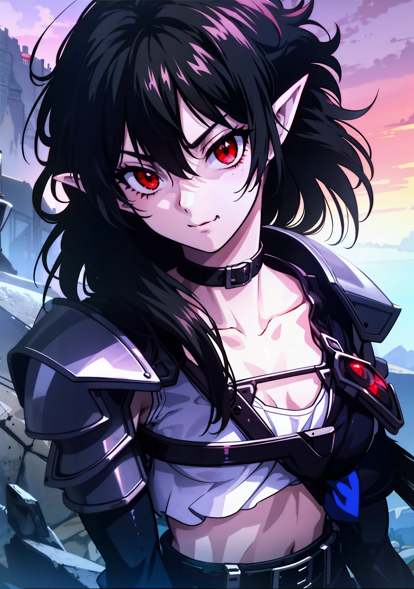 Girl,pointy ears,red eyes,dressed in armor,vampire,4k,black hair