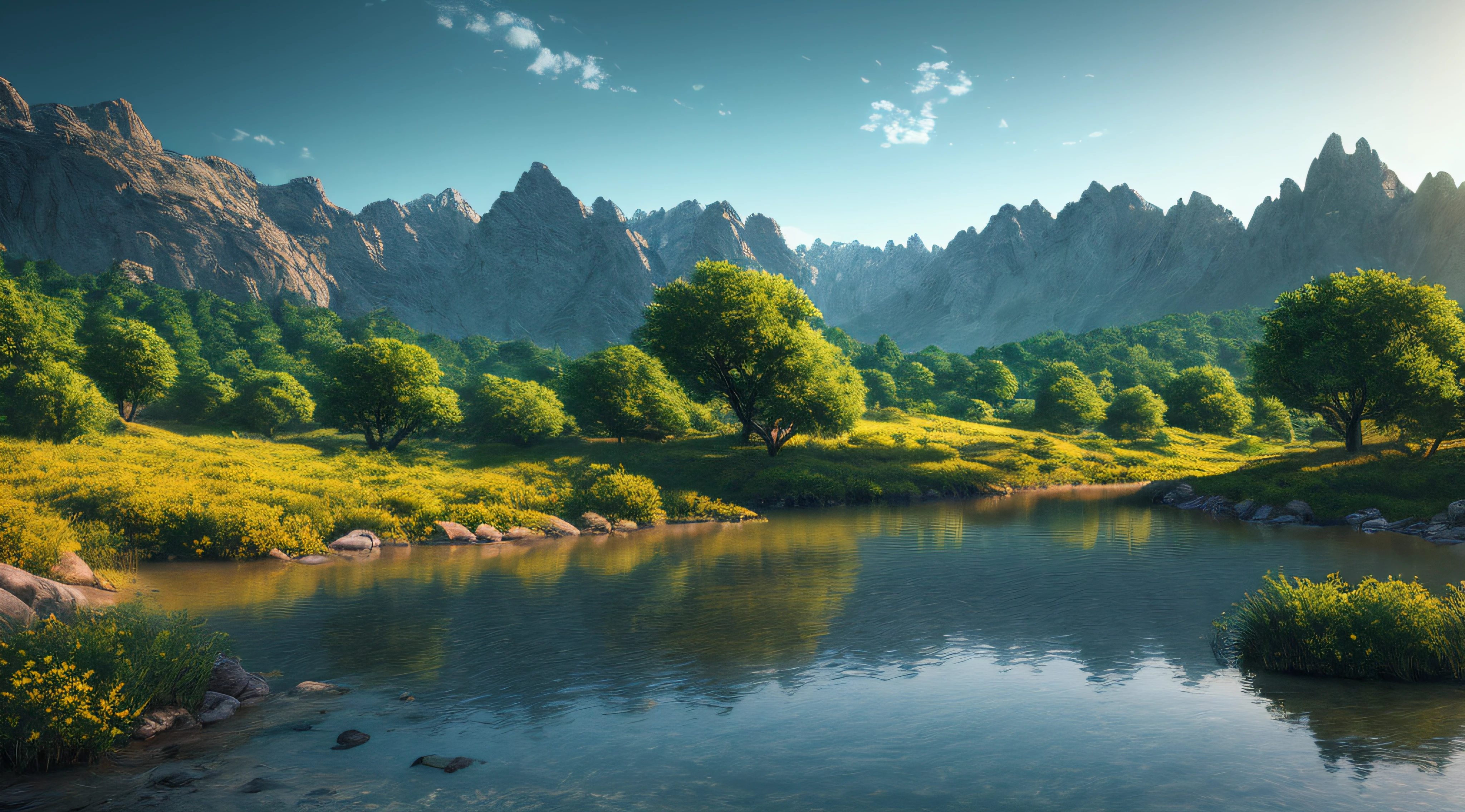 A peaceful place, very pleasant, aesthetic, calm, scenic. photorealistic, 8k uhd, studio quality, ultra realistic, max detail, massive scale, post-processing, realistic, photorealism, photoshop, photography, detailed, cinematic lighting, landscape, panoramic, landscape, raytracing, cinema4d