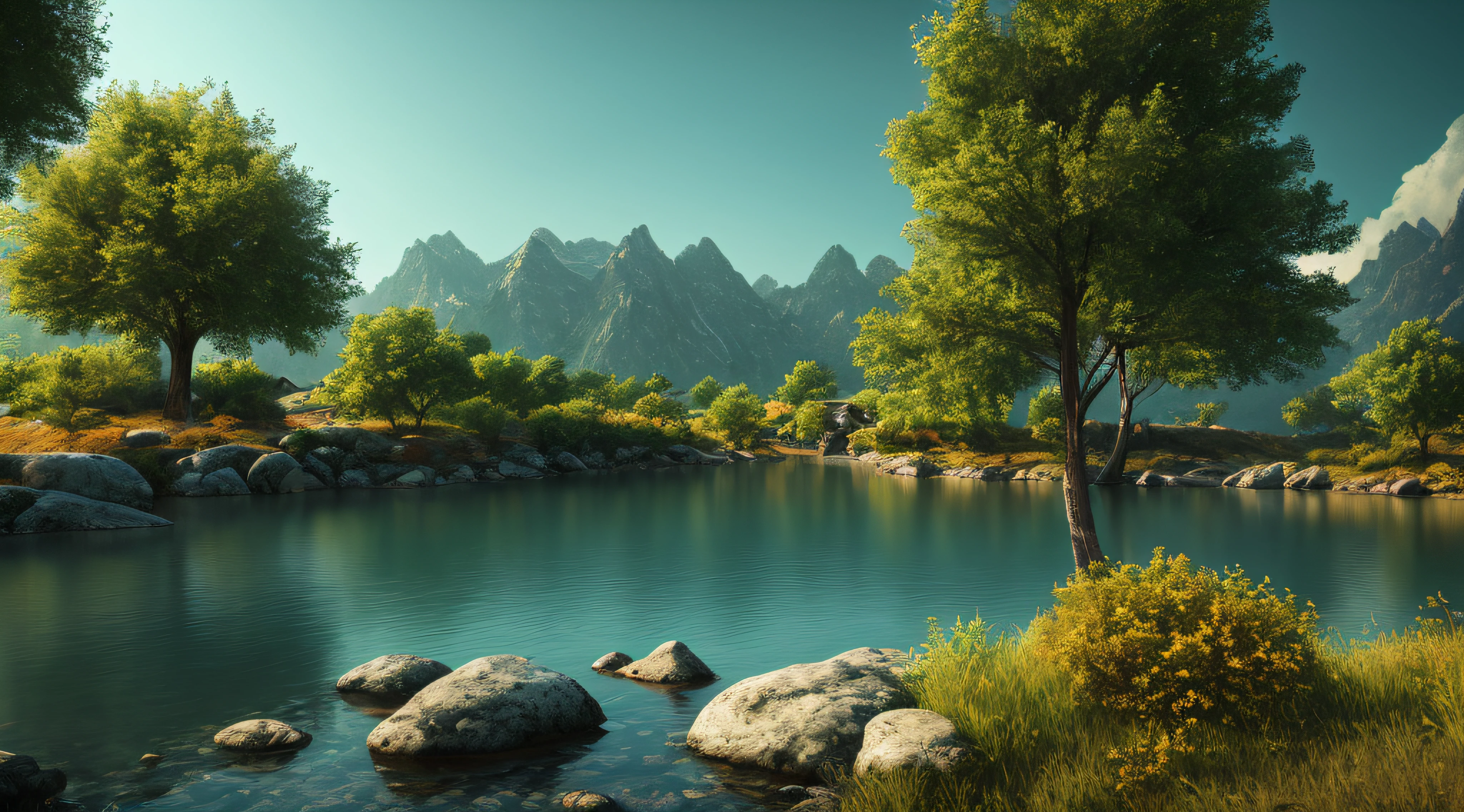 A peaceful place, very pleasant, aesthetic, calm, scenic. photorealistic, 8k uhd, studio quality, ultra realistic, max detail, massive scale, post-processing, realistic, photorealism, photoshop, photography, detailed, cinematic lighting, landscape, panoramic, landscape, raytracing, cinema4d