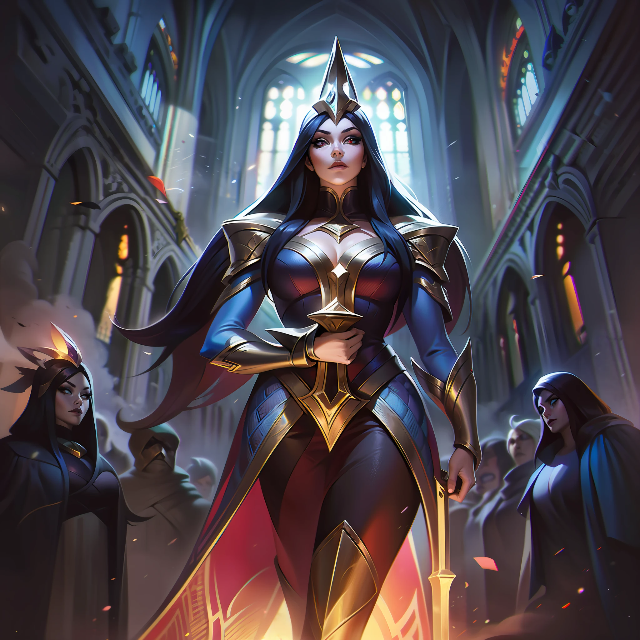 Anime - Style illustrations of a warrior with iris and red pupil long black hair holding a bright torch surrounded by black smoke and ashes in a cathedral, Ahri, Irelia, Taliyah, Zenra Taliyah, Katerina, Portrait of Ahri, LeBlanc, Juvenile Taliyah, from League of Legends, Akali, Iconic Character Splash Art, League of Legends Concept Art, League of Legends Character Art, Samira from League of Legends