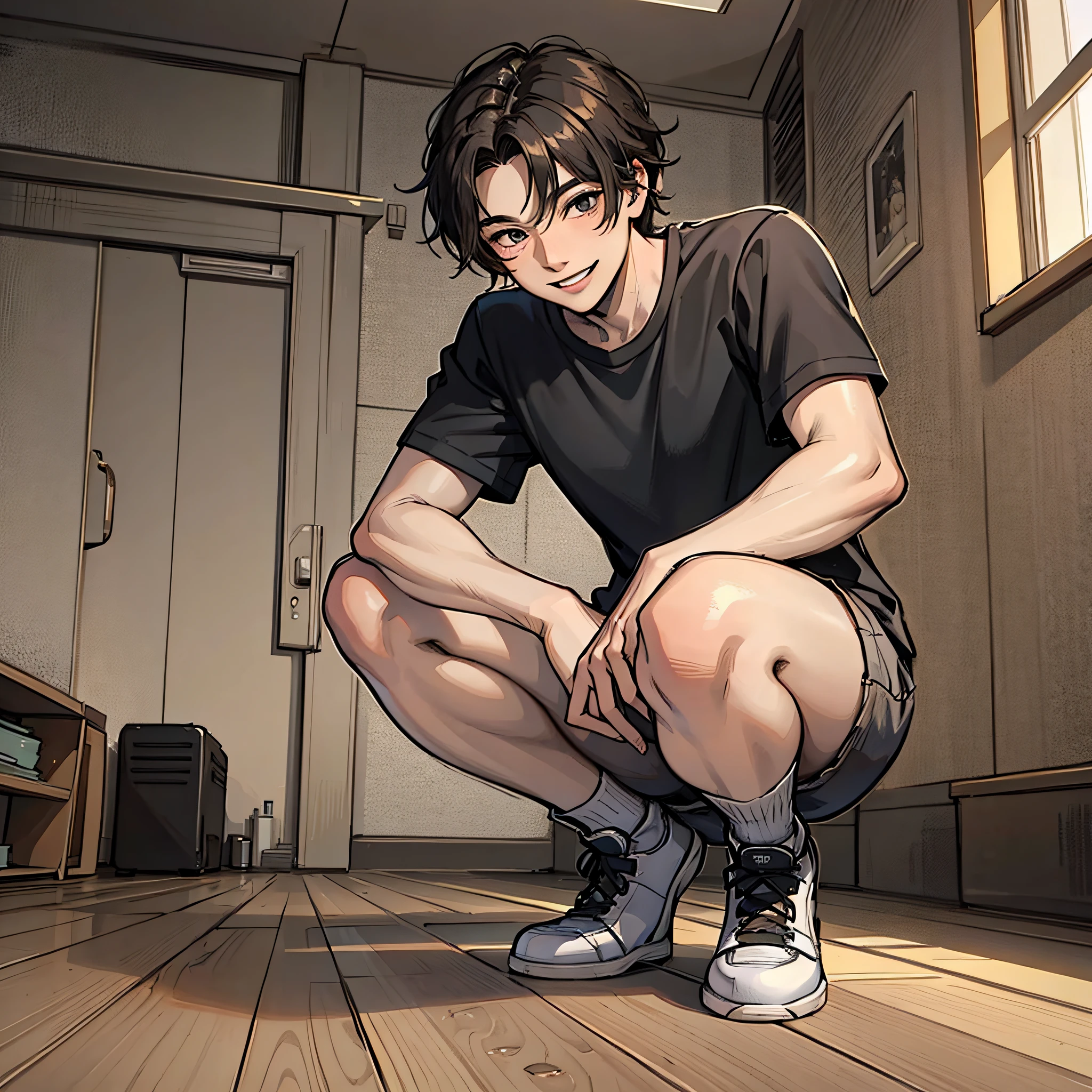 A young man in black short sleeves, crouching, sideways, with a smiling expression, was in the room