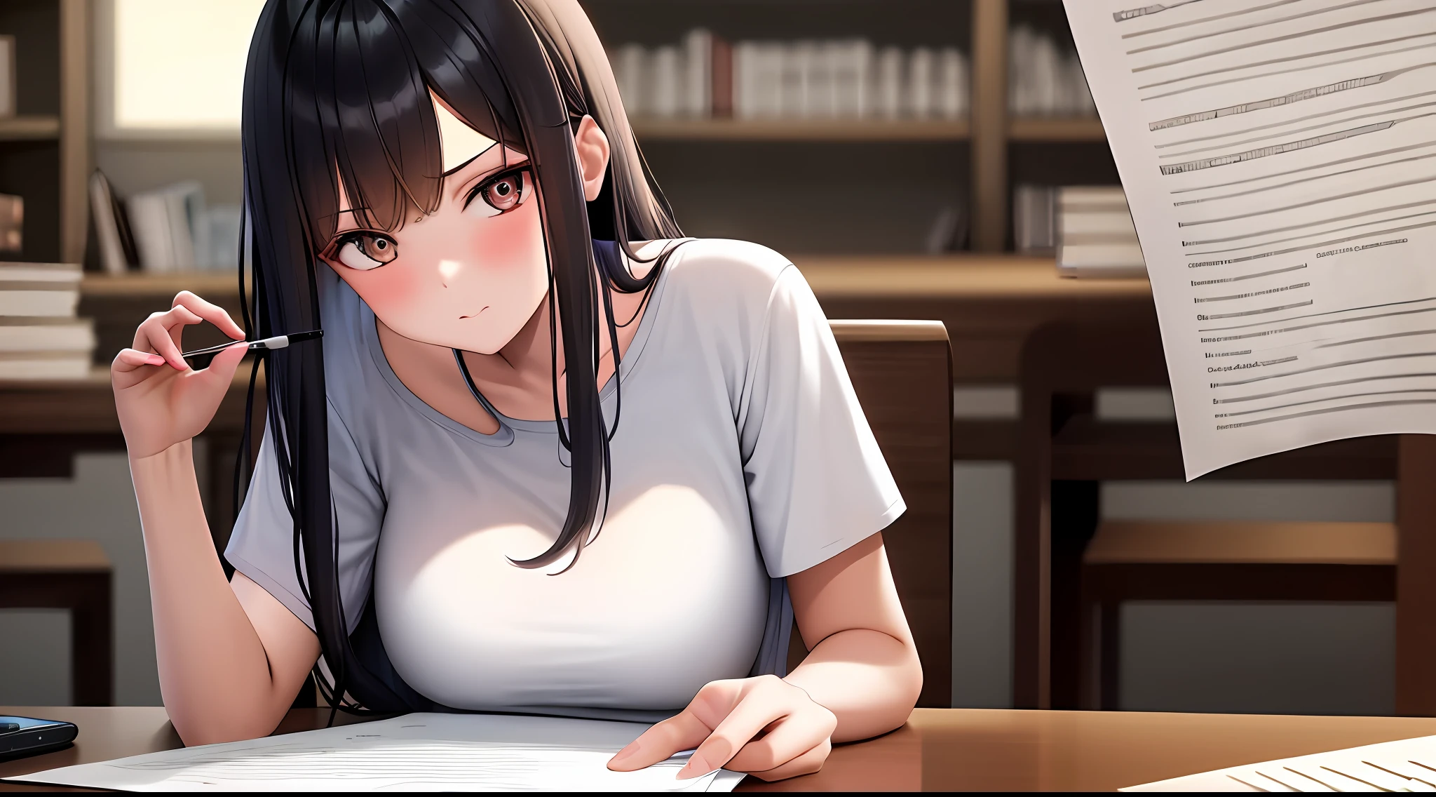 masterpiece, best quality, high resolution, one girl, loose t-shirt, girl sitting on chair studying drafting at desk, horizontal angle, serious study, paperwork, good luck studying, drafting, cute, pretty hair, architect, 30 years old