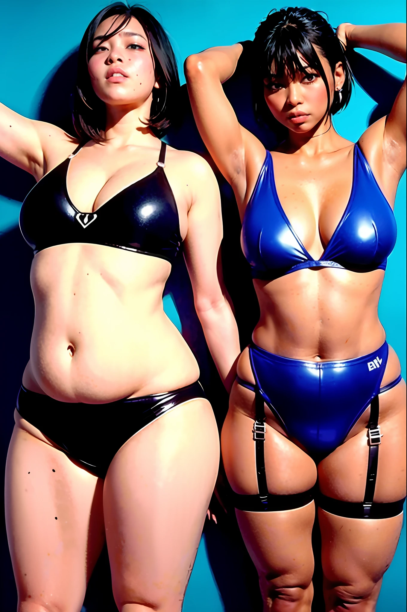 Best quality, masterpiece, girl, black hair, short hair, black eyes, shiny skin, big, chubby belly, plump thighs, see-through swimsuit, garter belt, both armpits show