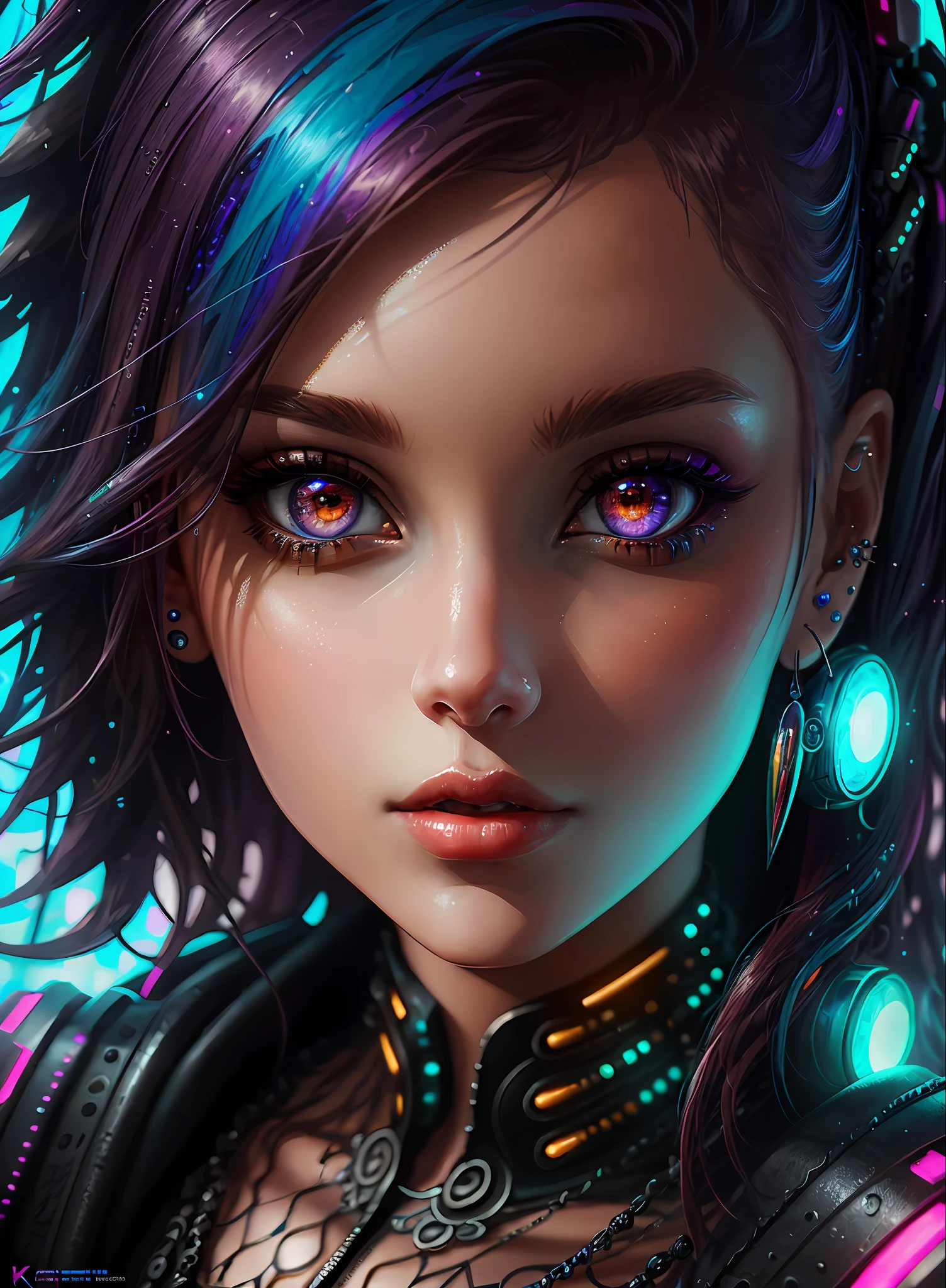 ((best quality)), ((masterpiece)), ((realistic)), (detailed), (1 girl) Close-up of woman with colorful hair and piercings, dreamy cyberpunk girl, 4K high-detail digital art, stunning digital illustration, stunning 8K artwork, colorful digital fantasy art, colorful and dark, beautiful digital artwork, colorful digital painting, cyberpunk digital anime art, portrait of a girl with luminous wave, 8K HD digital wallpaper art, gorgeous digital painting