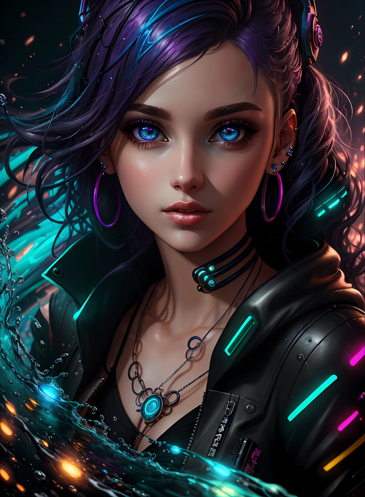 ((best quality)), ((masterpiece)), ((realistic)), (detailed), (1 girl) Close-up of woman with colorful hair and piercings, dreamy cyberpunk girl, 4K high-detail digital art, stunning digital illustration, stunning 8K artwork, colorful digital fantasy art, colorful and dark, beautiful digital artwork, colorful digital painting, cyberpunk digital anime art, portrait of a girl with  luminous wave, 8K HD digital wallpaper art, gorgeous digital painting