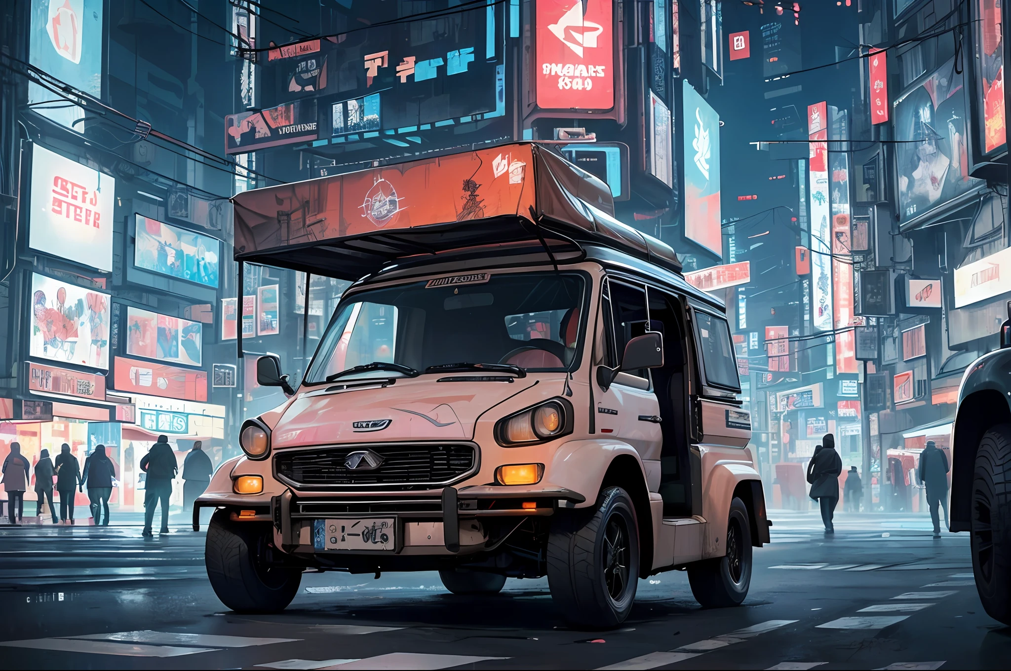 (at late night:1.3), , (detailed beautiful skin textures, detailed beautiful face, ultra detailed clothing textures), , (Cyberpunk:1.4), , (an ultra detailed four-wheeled and long bonnet tuk-tuk and eear loading platform with luggage on it and letter-tyres), , (3/4 front view, The car is in the center of the frame), , (at parking area, at ultra detailed Night City of Cyberpunk), (All cars are classic cars with cyberpunk custumed), , (softlighting), , (masterpiece, best quality:1.4, 128k, ultra detailed, illustration, distinct_image, intricate_details, delicate illustration), (realistic:0.15),