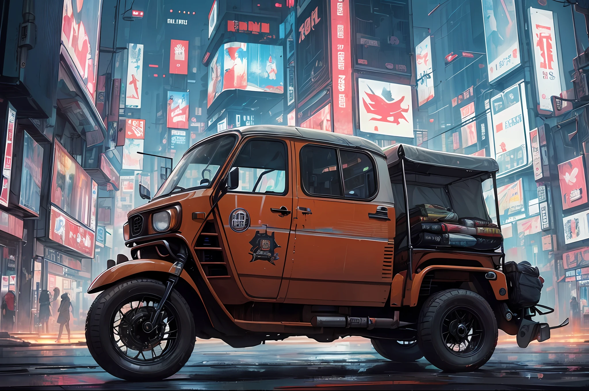 (at late night:1.3), , (detailed beautiful skin textures, detailed beautiful face, ultra detailed clothing textures), , (Cyberpunk:1.4), , (an ultra detailed four-wheeled and long bonnet tuk-tuk and eear loading platform with luggage on it and letter-tyres), , (3/4 front view, The car is in the center of the frame), , (at parking area, at ultra detailed Night City of Cyberpunk), (All cars are classic cars with cyberpunk custumed), , (softlighting), , (masterpiece, best quality:1.4, 128k, ultra detailed, illustration, distinct_image, intricate_details, delicate illustration), (realistic:0.15),