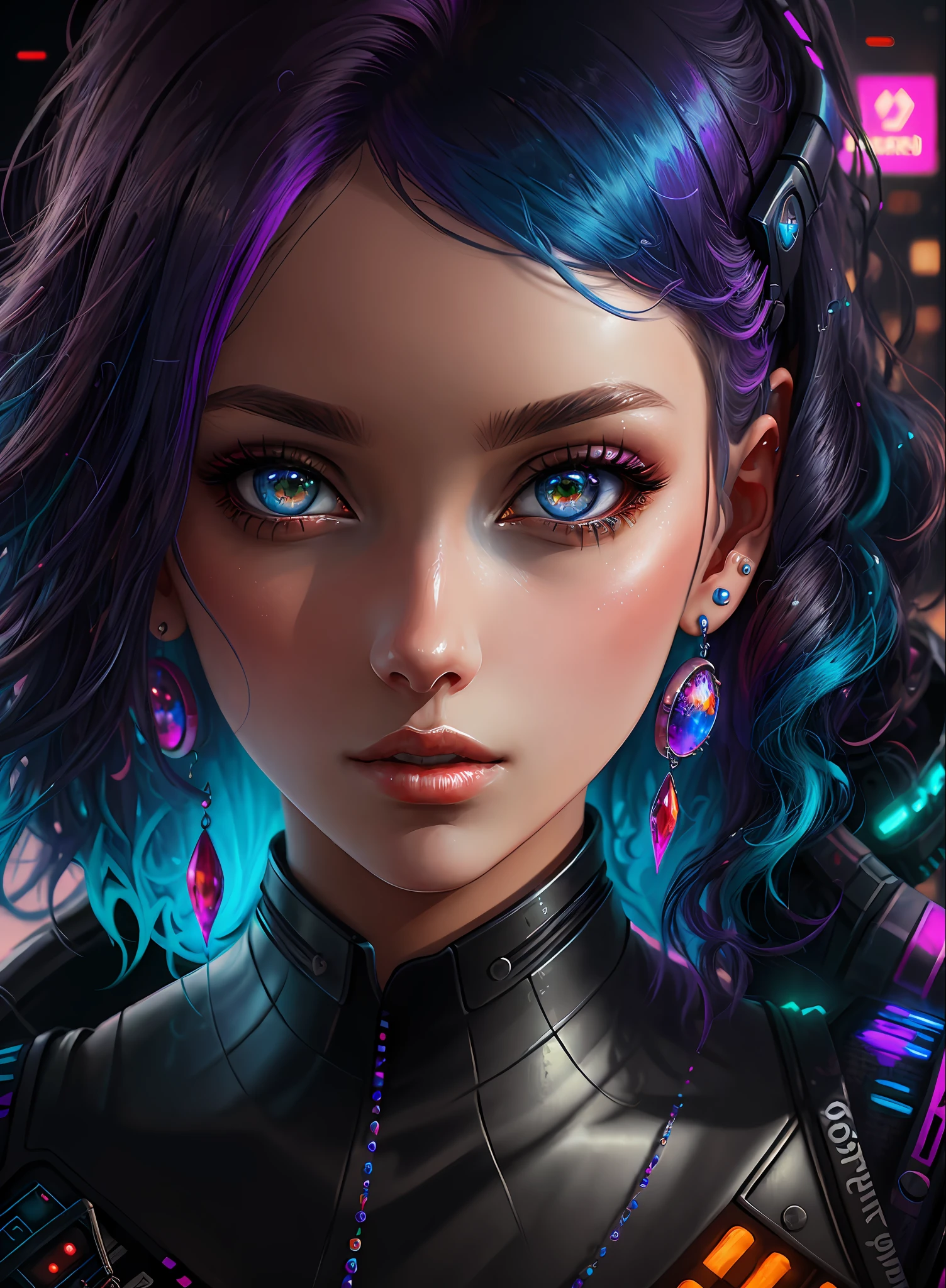 ((best quality)), ((masterpiece)), ((realistic)), (detailed), (1 girl) Close-up of woman with colorful hair and piercings, dreamy cyberpunk girl, 4K high-detail digital art, stunning digital illustration, stunning 8K artwork, colorful digital fantasy art, colorful and dark, beautiful digital artwork, colorful digital painting, cyberpunk digital anime art, portrait of a girl with luminous wave, 8K HD digital wallpaper art, gorgeous digital painting