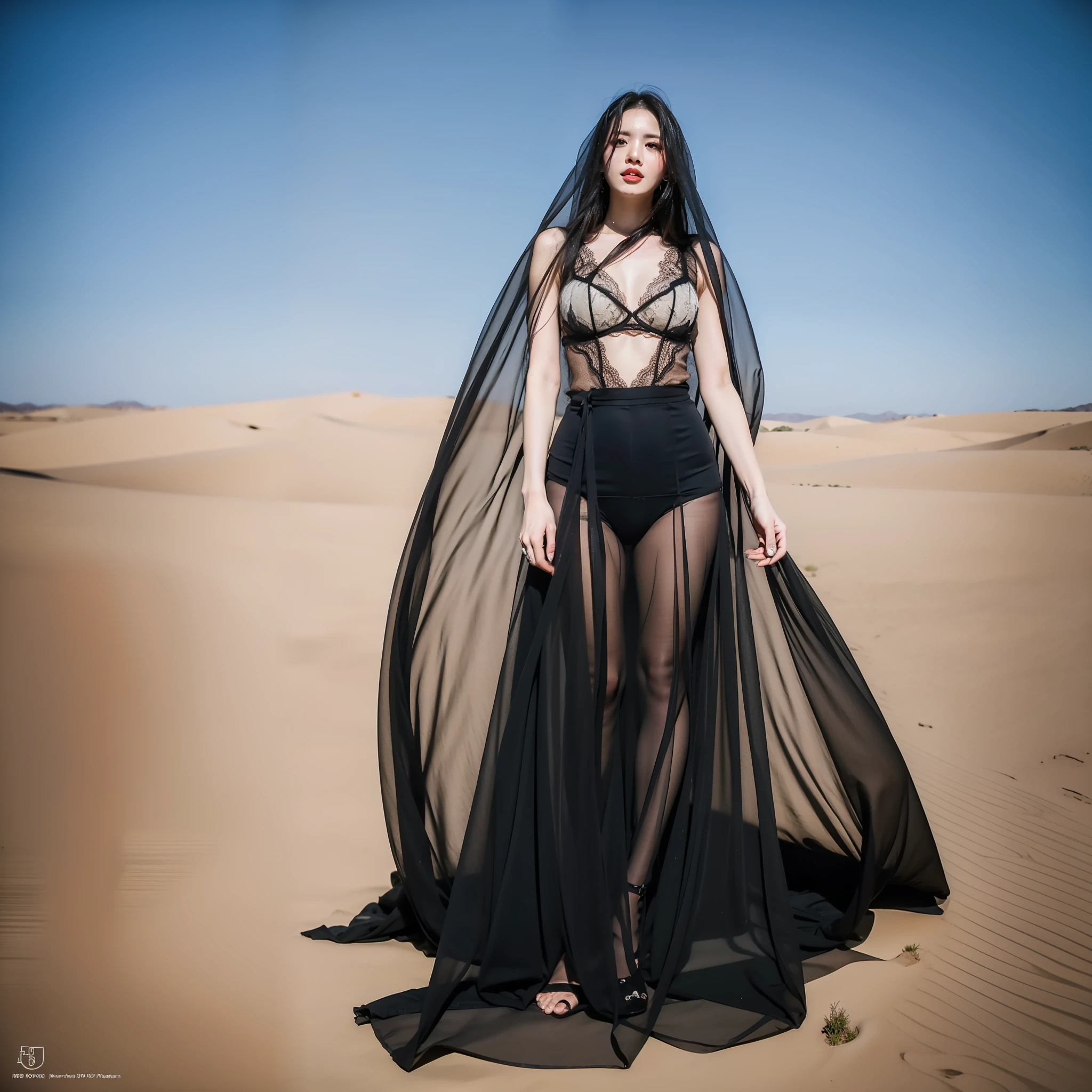 8K, RAW photo, high quality, realistic, full body photo, 1 girl, sideways, super detailed face, black veil, in the desert