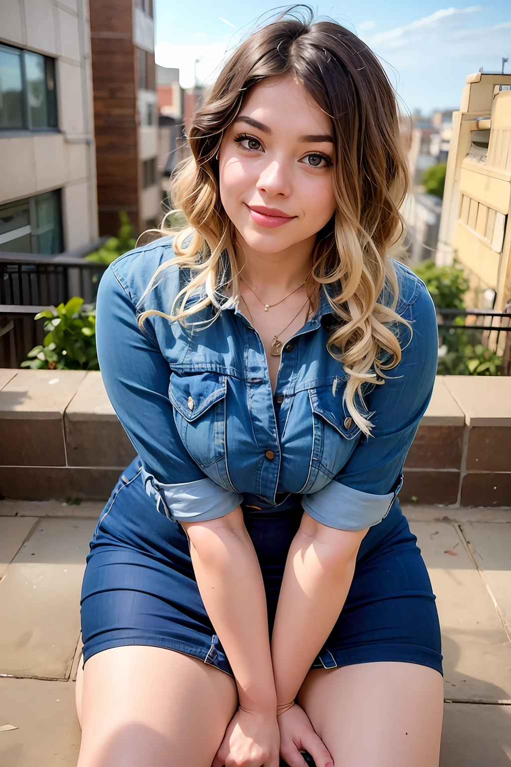 araffed woman in a denim shirt and short skirt posing for a picture, pokimane, casual pose, sydney sweeney, taken with canon eos 5 d mark iv, casually dressed, mid shot portrait, sits on a rooftop, kailee mandel, headshot profile picture, gorgeous female jade tailor, thicc, shot on canon eos r 5