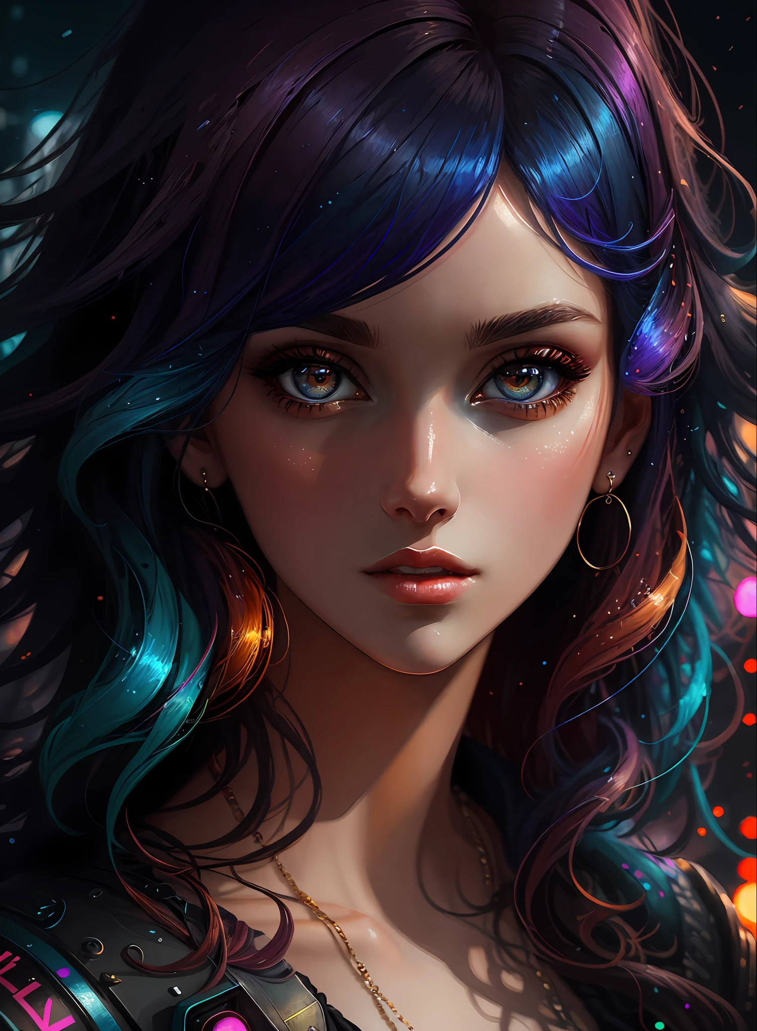 ((Best Quality)), ((Masterpiece)), (Real), (Details), (Details), (1 Woman) close-up portrait of woman with colorful hair, dreamy beautiful woman, 4K high-definition digital art, stunning digital illustration, stunning 8K artwork, colorful digital fantasy art, colorful and dark, beautiful digital artwork, colorful digital painting, Cyberpunk Digital Anime Art, Portrait of Girl with Bright Waves, 8K HD Digital Wallpaper Art, Gorgeous Digital Painting