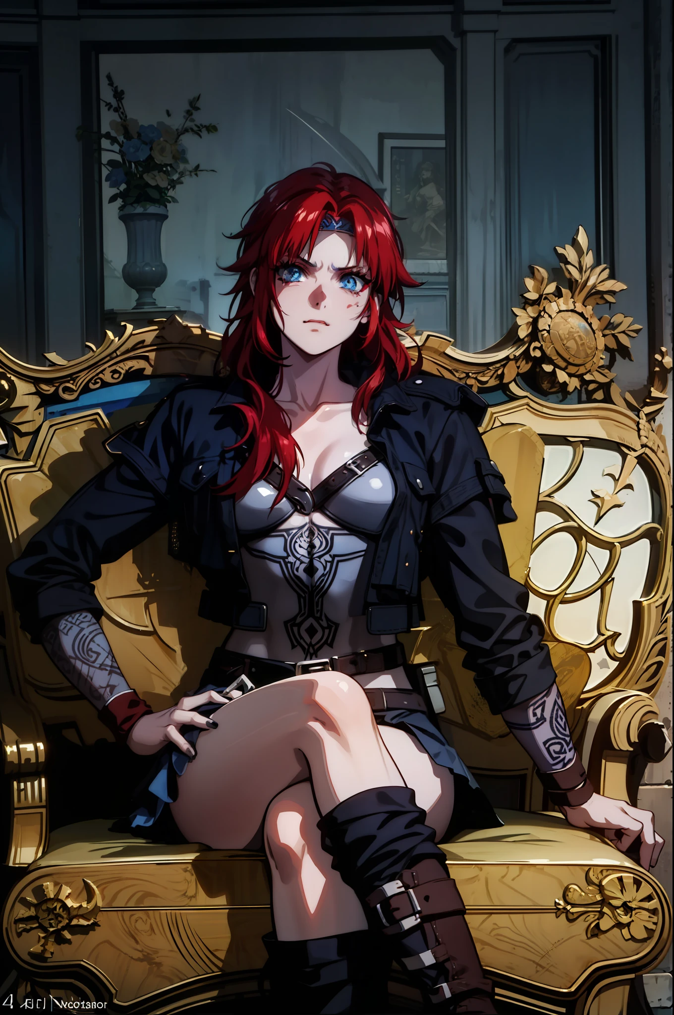 Undead red-haired Viking warrior with Nordic amadura and rune tattoos on her face and blooming blue eyes, 4k