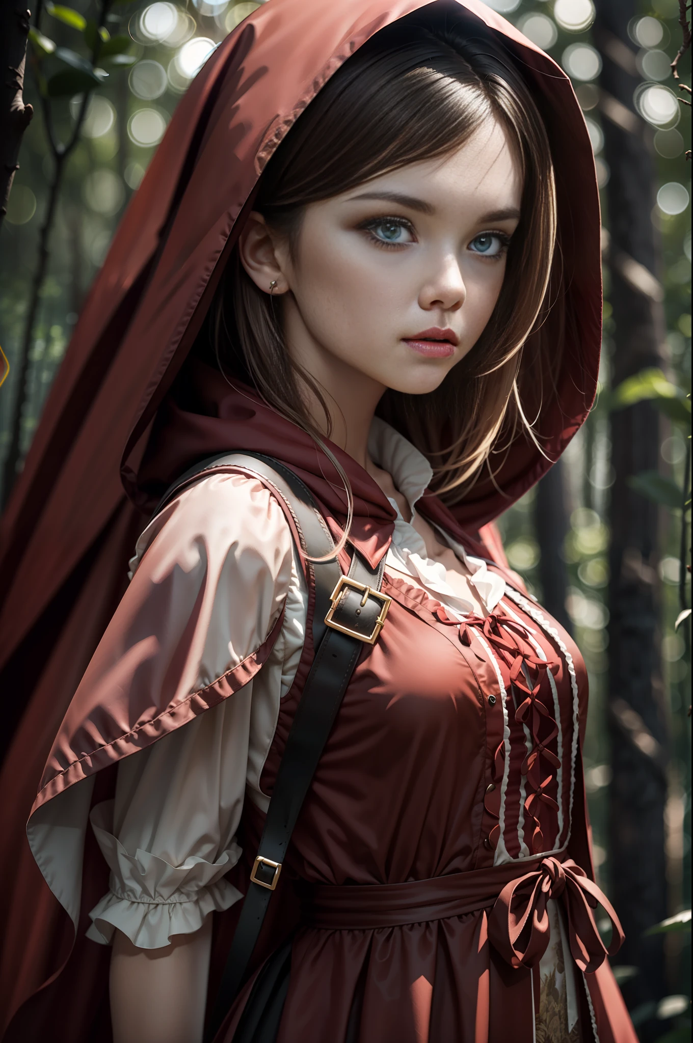 a realistic little Red Riding Hood [14-17 Years Old european female fashion model] [dressed like a dark fantasy style] [Happy expression on face] [Environment: forest], extremely realistic, 8k, insane details, intricate details, beautifully color graded,Color Grading, Editorial Photography, Photography, Bokeh, taken with a 60mm lens, ISO 300, f/4, 1/200th --ar 2:3 , running pose, full length portrait, dramatic lighting, unreal engine --ar 2:3