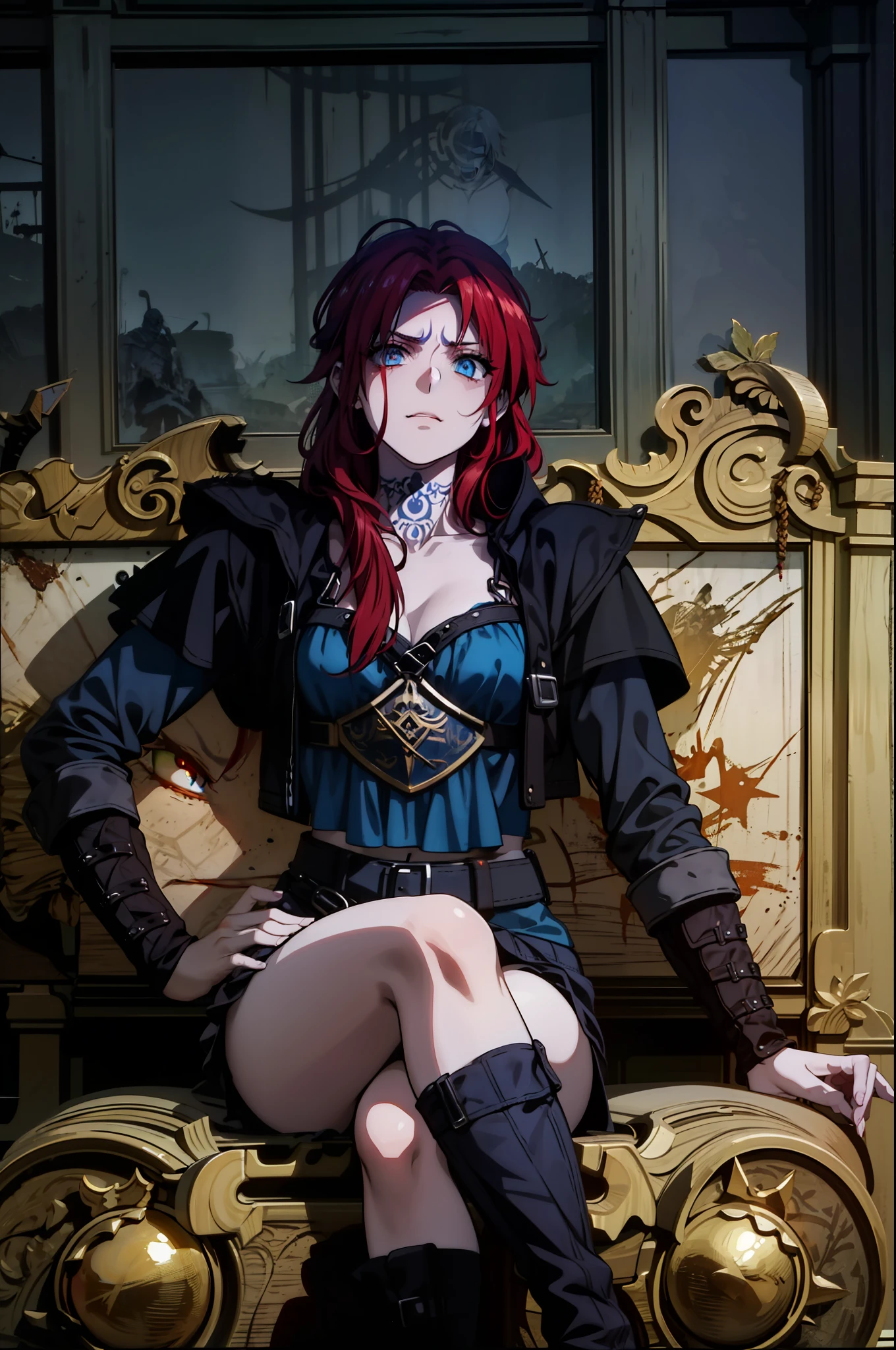 Undead red-haired Viking warrior with Nordic amadura and rune tattoos on her face and blooming blue eyes, 4k
