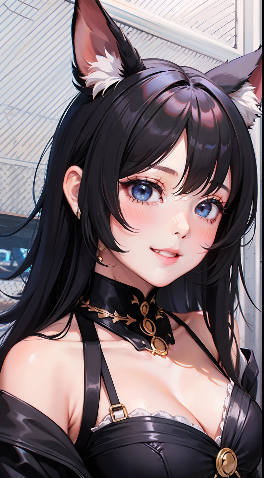 black hair, hair bobbles, wince, longeyelashes, solid circle eyes, fake animal ears, light smile, ear blush, fang, Surrealism, drop shadow, anaglyph, stereogram, tachi-e, pov, atmospheric perspective, 8k, super detail, ccurate, best quality