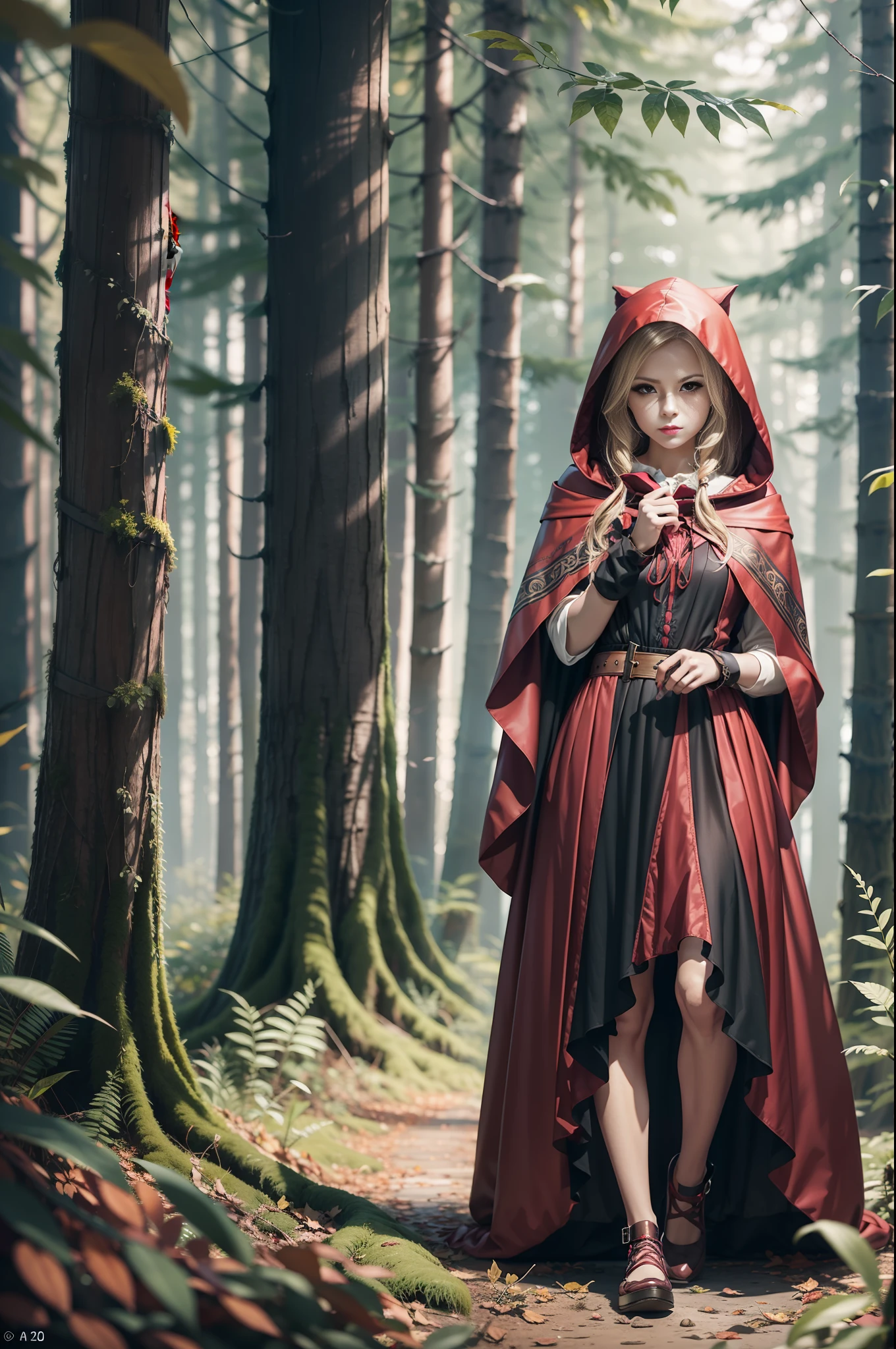 a realistic little Red Riding Hood [14-17 Years Old european female fashion model] [dressed like a dark fantasy style] [Happy expression on face] [Environment: forest], extremely realistic, 8k, insane details, intricate details, beautifully color graded,Color Grading, Editorial Photography, Photography, Bokeh, taken with a 60mm lens, ISO 300, f/4, 1/200th --ar 2:3 , running pose, full length portrait, dramatic lighting, unreal engine --ar 2:3