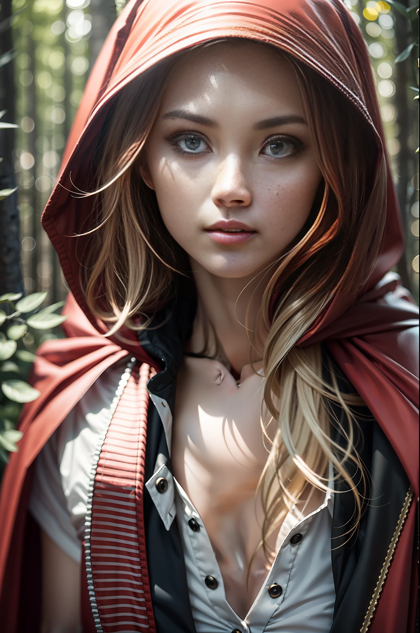 a realistic little Red Riding Hood [-17uropean female fashion model] [dressed like a dark fantasy style] [Happy expression on face] [Environment: forest], extremely realistic, 8k, insane details, intricate details, beautifully color graded,Color Grading, Editorial Photography, Photography, Bokeh, taken with a 60mm lens, ISO 300, f/4, 1/200th --ar 2:3 , running pose, full length portrait, dramatic lighting, unreal engine --ar 2:3