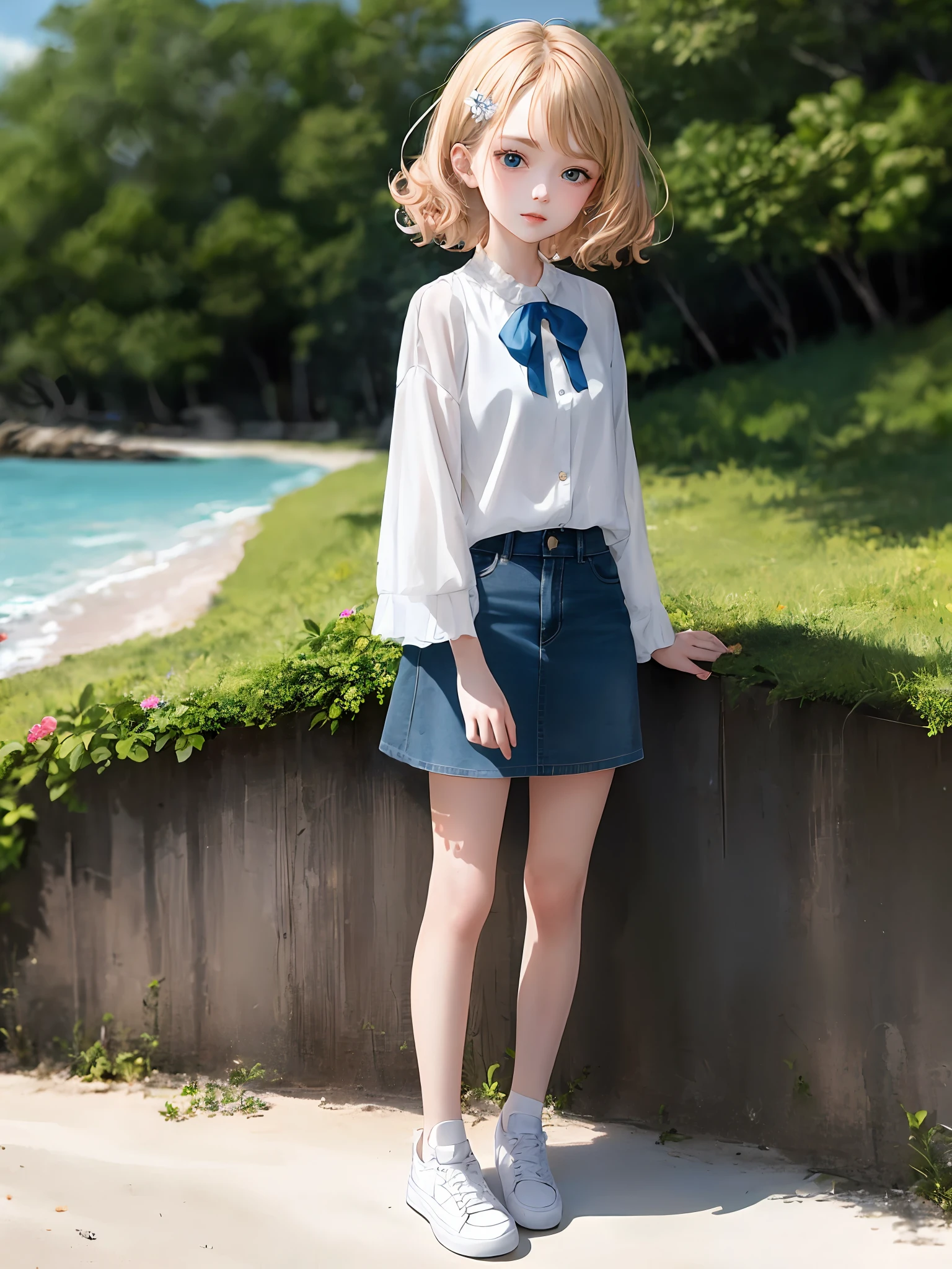 1girl, (masterpiece:1.1), (best quality:1.1), (white blouse:1.1), BREAK [blue:pink:0.5] theme, cowboy shot, full body, sideways view, looking at the audience, break flaxen hair, curly hair, delicate facial features, blue eyes, flowers on the head, white top, denim miniskirt, white sneakers, standing, beach, selling cute