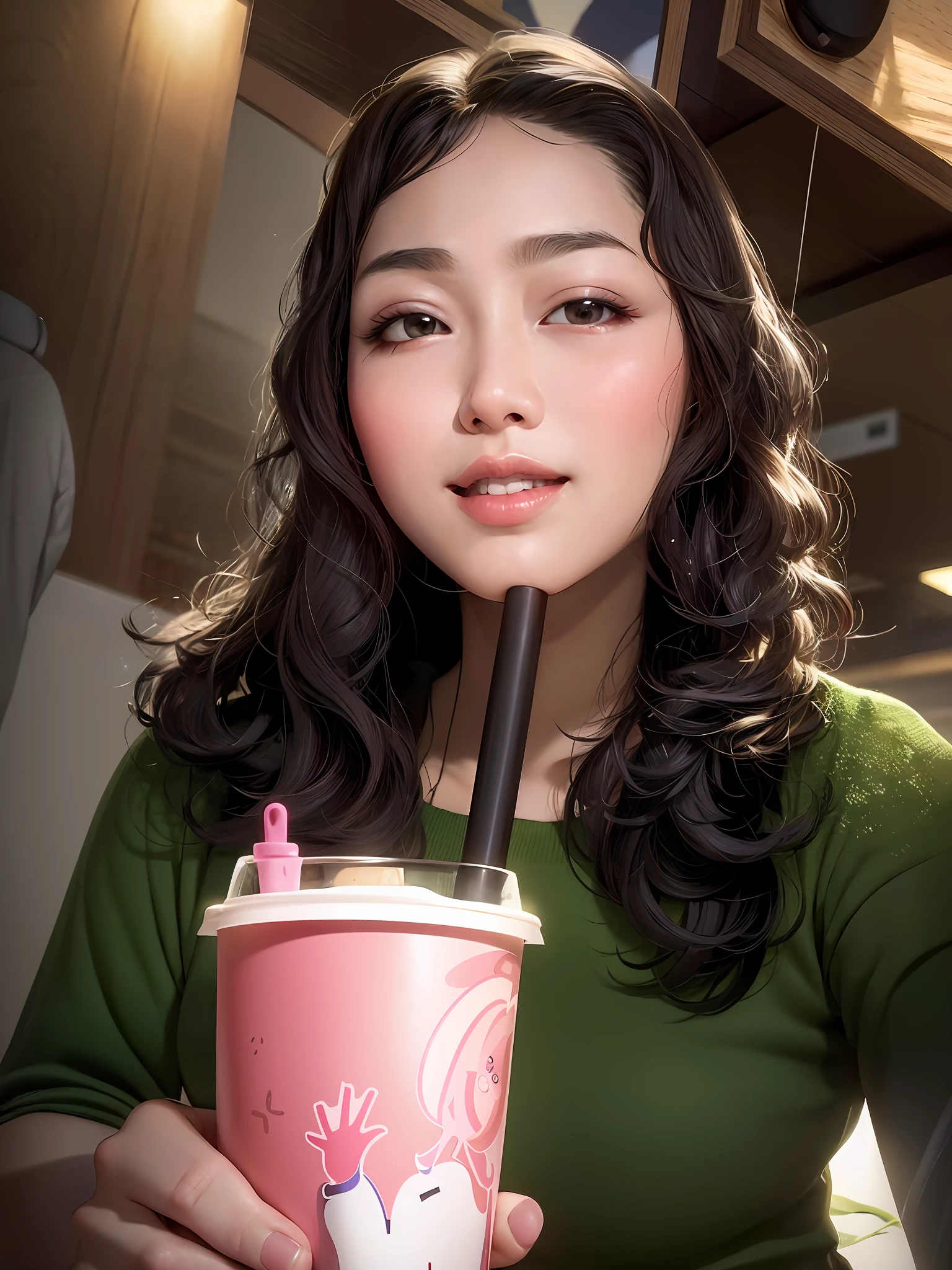 woman holding a pink cup with a straw and a straw in it, with a straw, drinking a strawberry iced latte, drinking boba tea, holding a boba milky oolong tea, mai anh tran, profile image, with a drink, holding a drink, profile picture, dang my linh, selfie photo, loputyn and matcha, drink
