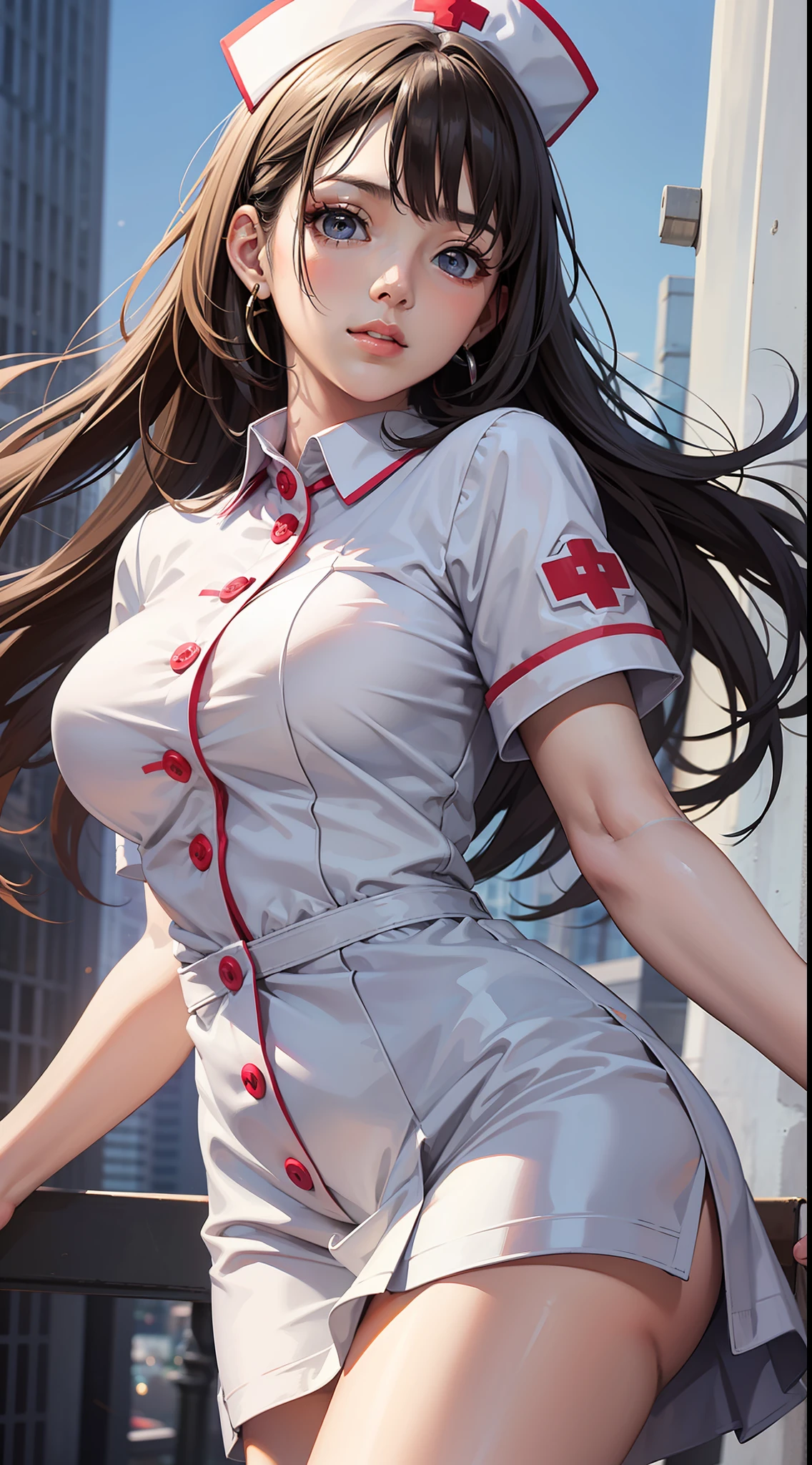 olfn,(masterpiece,best quality,ultra detailed),
1girl,perfect pretty face,dynamic pose,nurse dress,white dress, short skirt,detailed background,